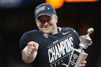 NEW ORLEANS, LOUISIANA - JANUARY 01:  Sam Ehlinger #11 of the Texas Longhorns celebrates after defeating the Georgia Bulldogs 28-21 during the Allstate Sugar Bowl at Mercedes-Benz Superdome on January 01, 2019 in New Orleans, Louisiana. (Photo by Chris Gr