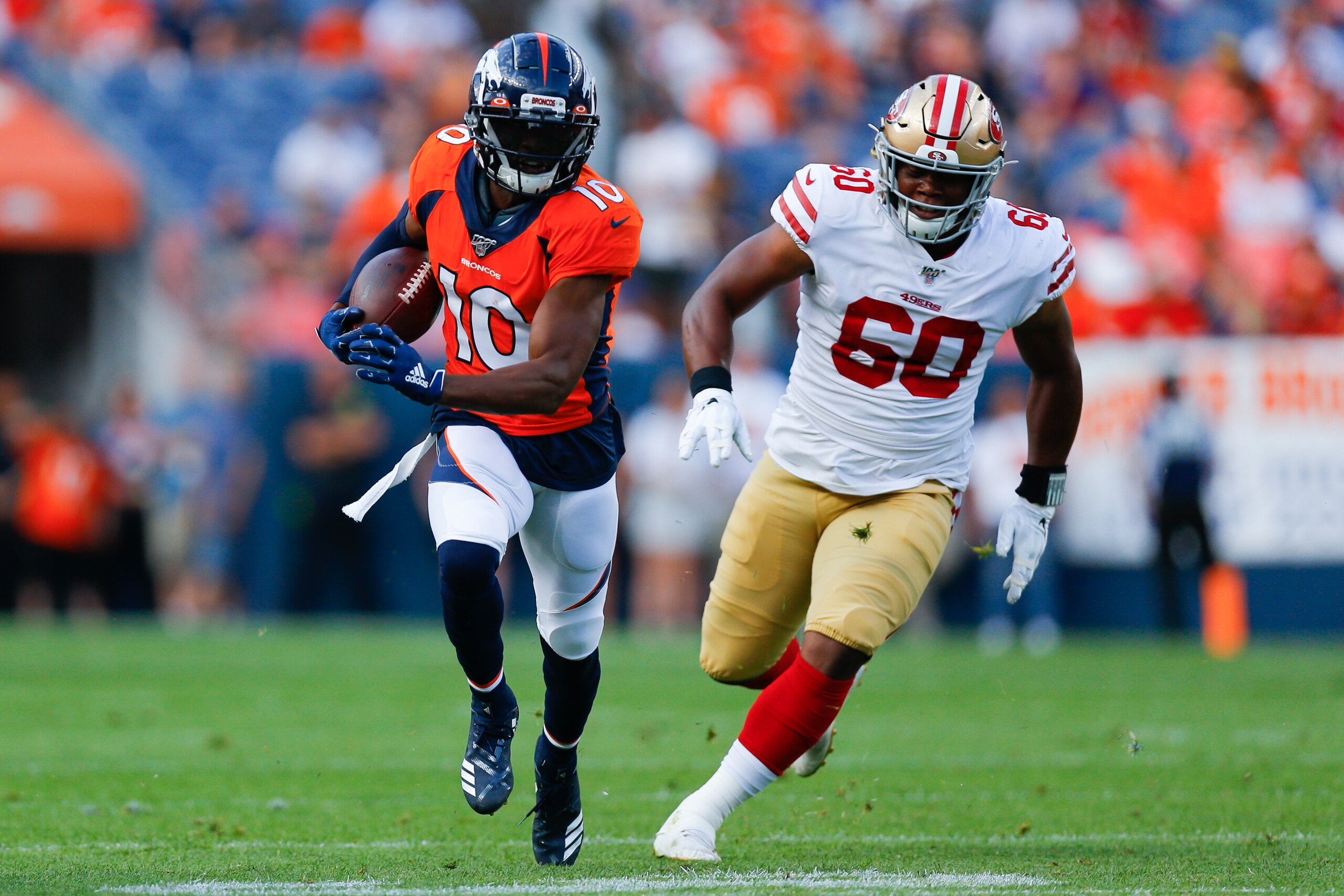 DENVER, CO - AUGUST 19:  Wide receiver Emmanuel Sanders #10 of the Denver Broncos in action against the San Francisco 49ers during a preseason game at Broncos Stadium at Mile High on August 19, 2019 in Denver, Colorado. (Photo by Justin Edmonds/Getty Imag