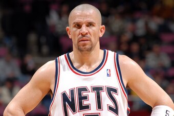 EAST RUTHERFORD, NJ - DECEMBER 28:  Jason Kidd #5 of the New Jersey Nets looks up court during the game against the Washington Wizards on December 28, 2007 at the Izod Center in East Rutherford, New Jersey. The Nets won 109-106. NOTE TO USER: User express