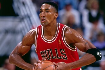 SALT LAKE CITY, UT - NOVEMBER 23: Scottie Pippen #33 of the Chicago Bulls handles the ball during the game against the Utah Jazz on November 23, 1996 at the Delta Center in Salt Lake City, Utah. NOTE TO USER: User expressly acknowledges and agrees that, b