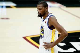 CLEVELAND, CA - JUN 8:  Kevin Durant #35 of the Golden State Warriors looks on against the Cleveland Cavaliers in Game Four of the 2018 NBA Finals won 108-85 by the Golden State Warriors over the Cleveland Cavaliers at the Quicken Loans Arena on June 6, 2