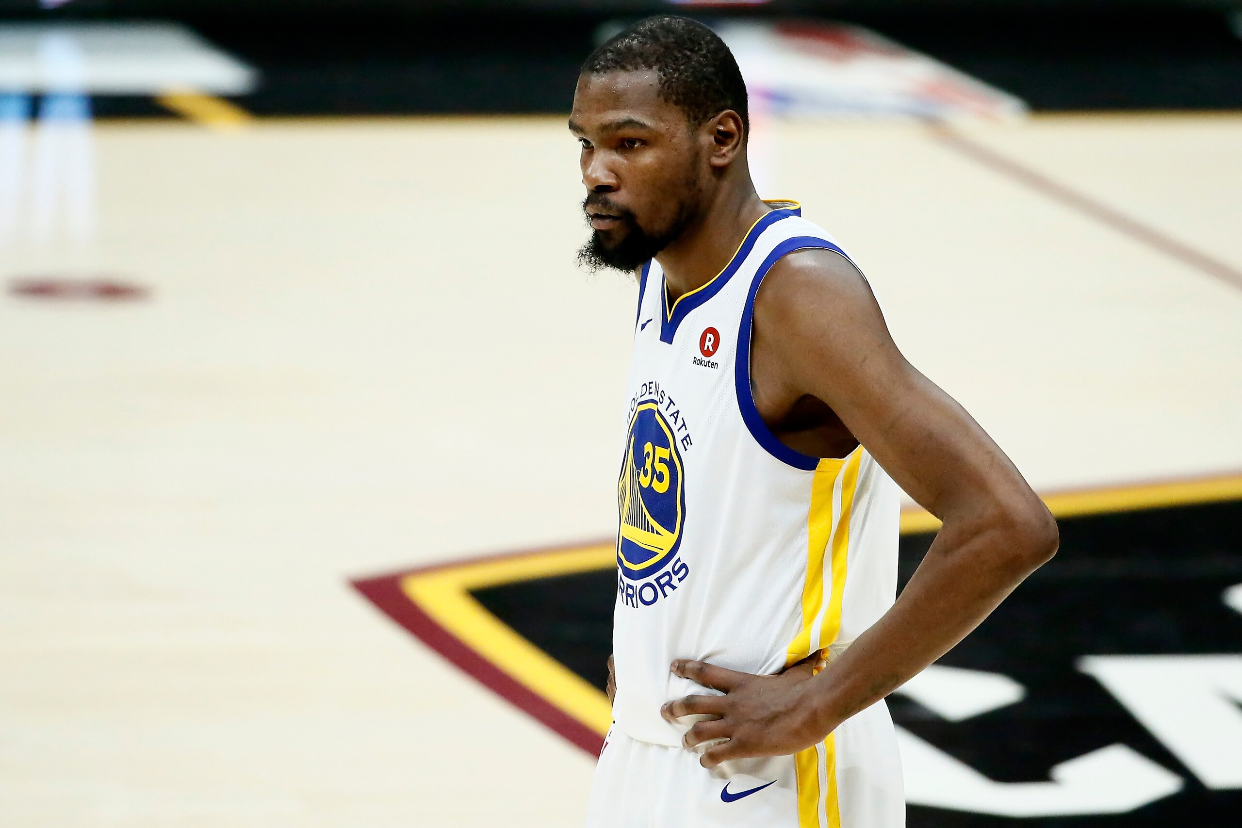 CLEVELAND, CA - JUN 8:  Kevin Durant #35 of the Golden State Warriors looks on against the Cleveland Cavaliers in Game Four of the 2018 NBA Finals won 108-85 by the Golden State Warriors over the Cleveland Cavaliers at the Quicken Loans Arena on June 6, 2
