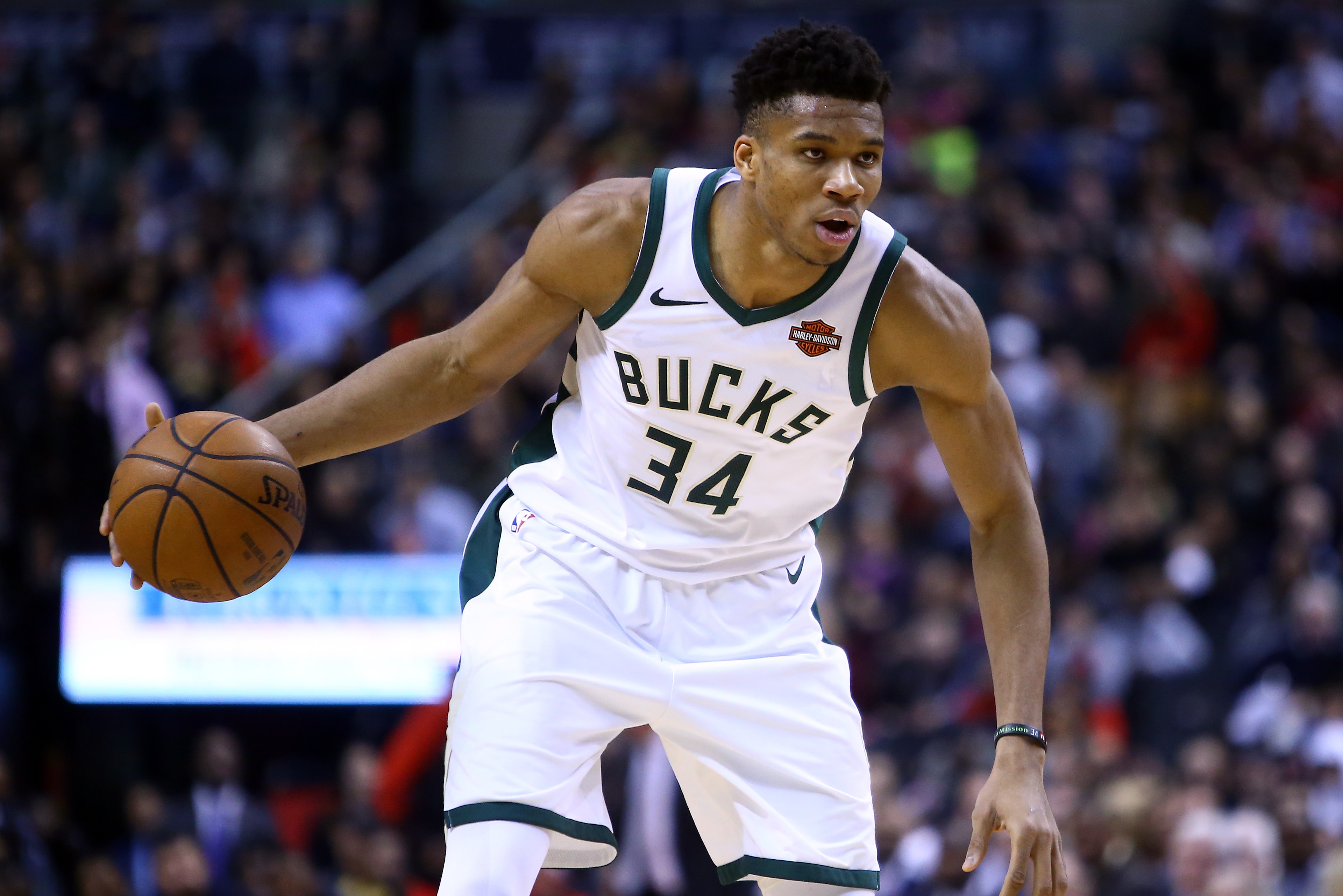 TORONTO, ON - JANUARY 31:  Giannis Antetokounmpo #34 of the Milwaukee Bucks dribbles the ball during the second half of an NBA game against the Toronto Raptors at Scotiabank Arena on January 31, 2019 in Toronto, Canada.  NOTE TO USER: User expressly ackno