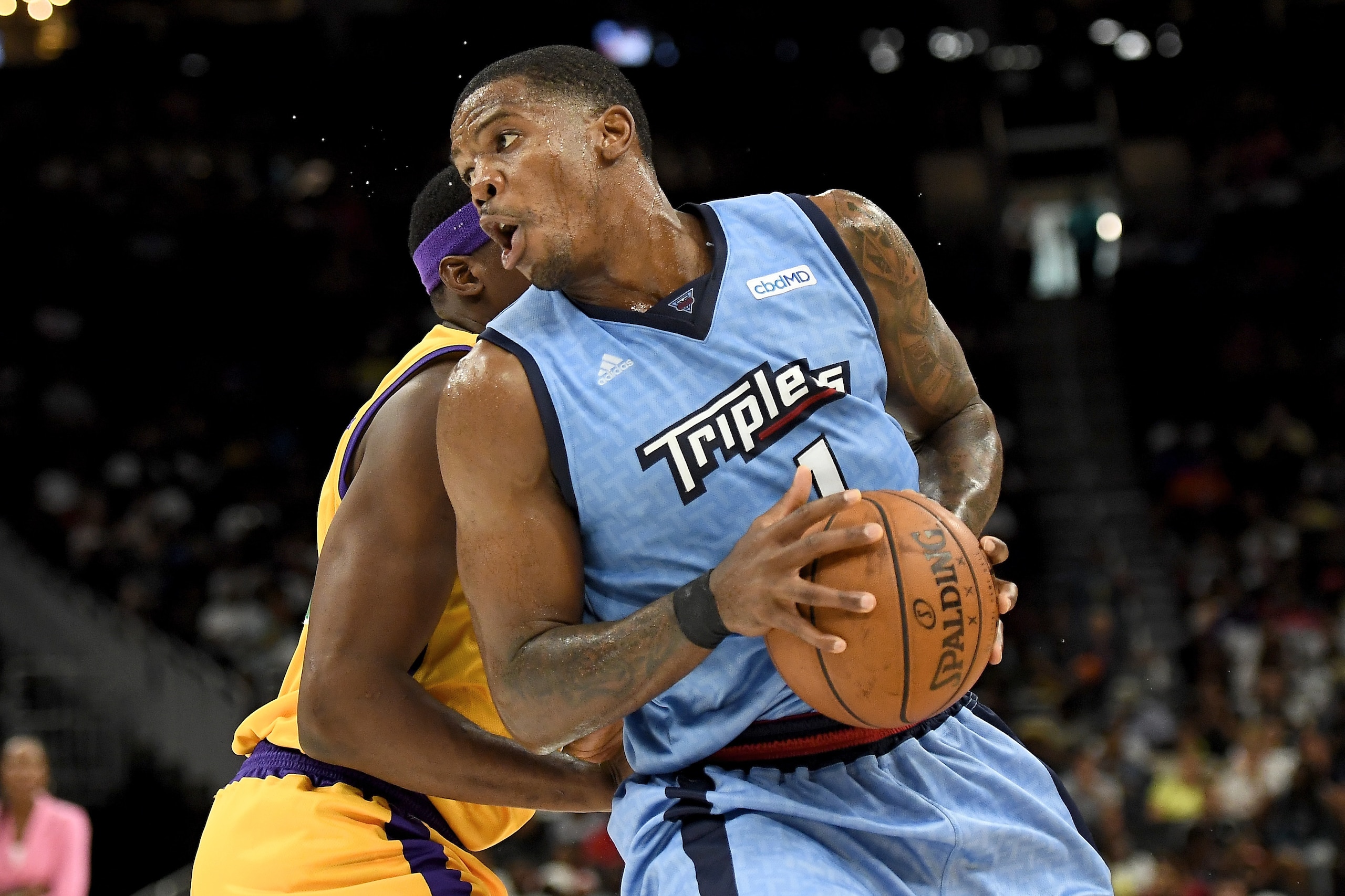 MILWAUKEE, WISCONSIN - AUGUST 04:  Joe Johnson #1 of the Triplets dribbles the ball while being guarded by Al Thornton #12 of the 3 Headed Monsters in the second half during BIG3 - Week Seven at Fiserv Forum on August 04, 2019 in Milwaukee, Wisconsin. (Ph