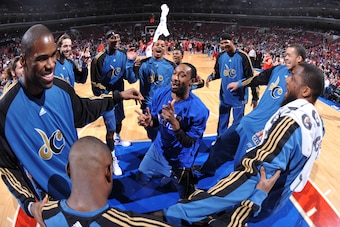 PHILADELPHIA - JANUARY 5:  Gilbert Arenas #0 of the Washington Wizards gestures in the huddle with teammates before the game against the Philadelphia 76ers on January 5, 2010 at the Wachovia Center in Philadelphia, Pennsylvania.  NOTE TO USER: User expres