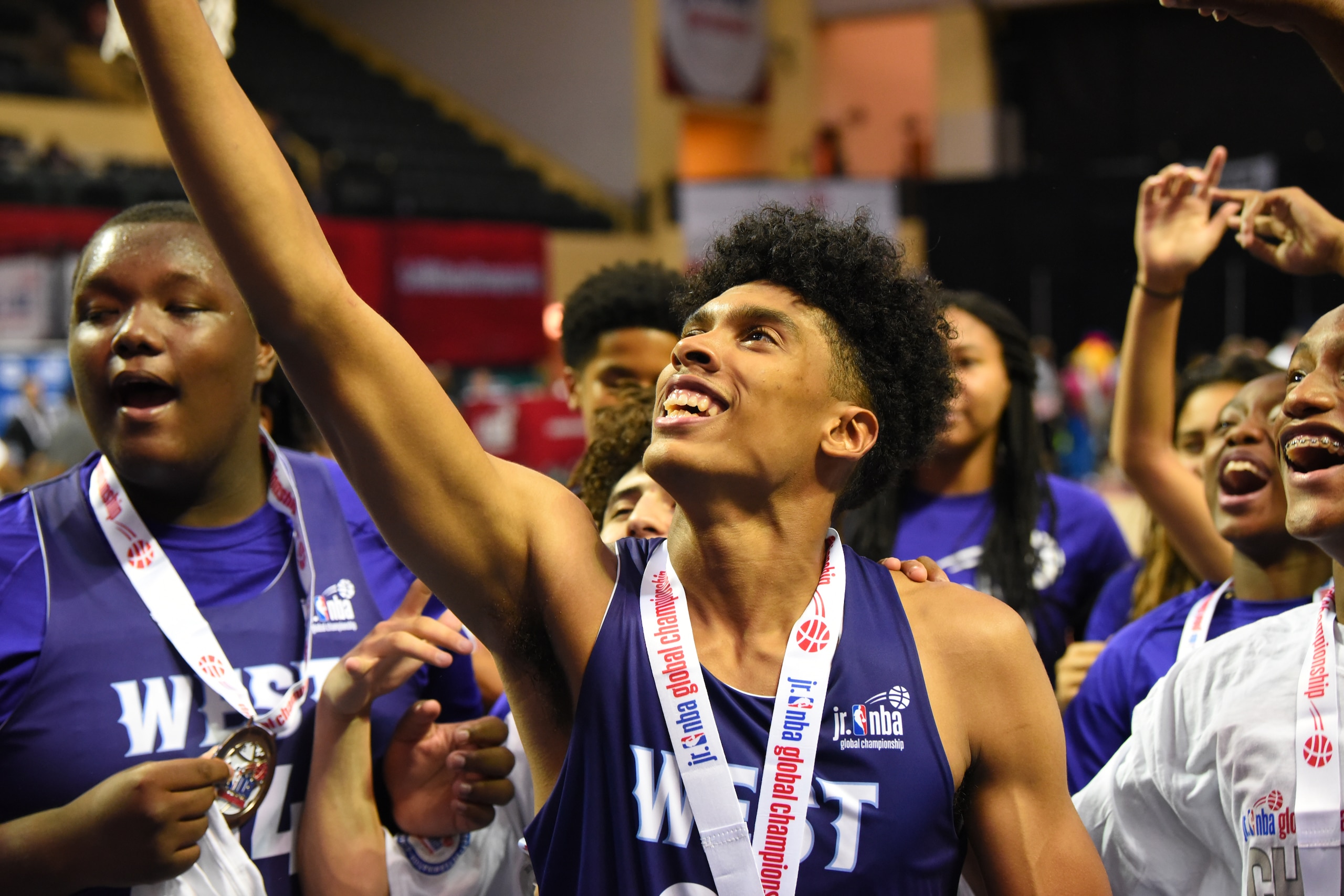 ORLANDO, FL - AUGUST 11: Quinton Webb #32 of U.S. West Boys takes selfie with teammates after winning the Boys Jr. NBA Global Championship on August 11, 2019 at the ESPN Wide World of Sports Complex in Orlando, Florida. NOTE TO USER: User expressly acknow