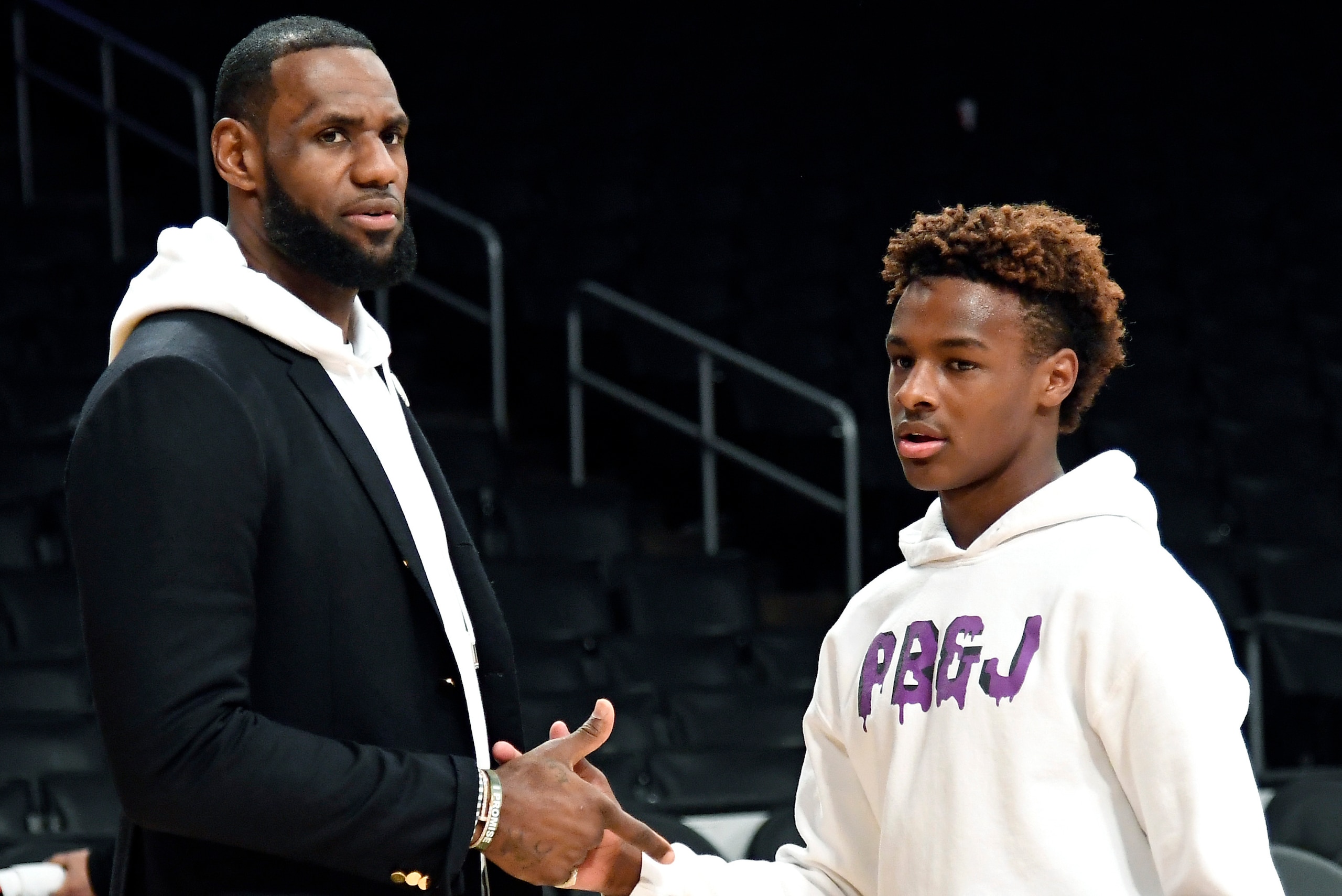 LOS ANGELES, CA - DECEMBER 28: LeBron James #23 of the Los Angeles Lakers and his son LeBron James Jr., on the court after the Los Angeles Clippers and Los Angeles Lakers basketball game at Staples Center on December 28, 2018 in Los Angeles, California. N