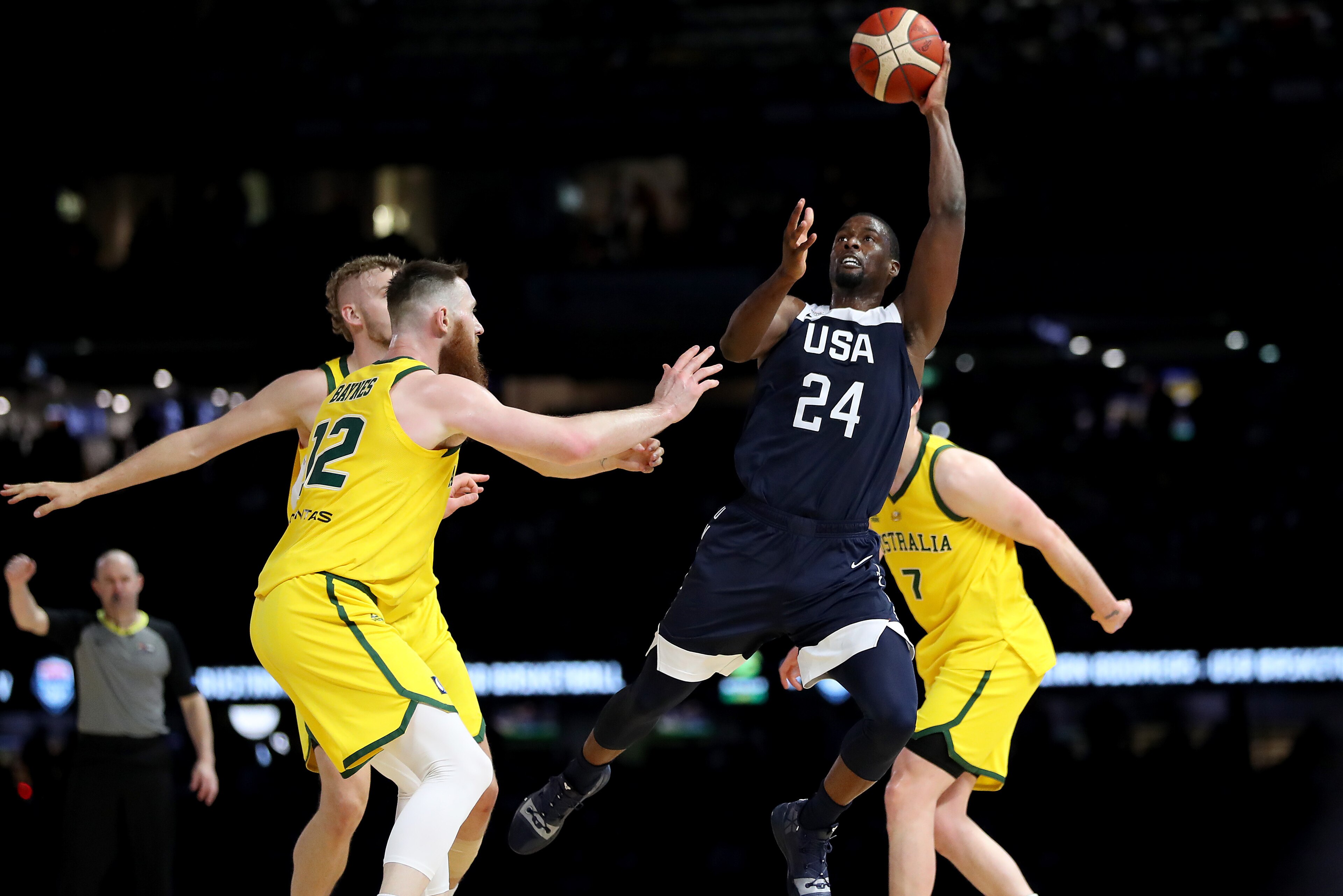 MELBOURNE, AUSTRALIA - AUGUST 24: Harrison Barnes drives to the basket during game two of the International Basketball series between the Australian Boomers and United States of America at Marvel Stadium on August 24, 2019 in Melbourne, Australia. (Photo 