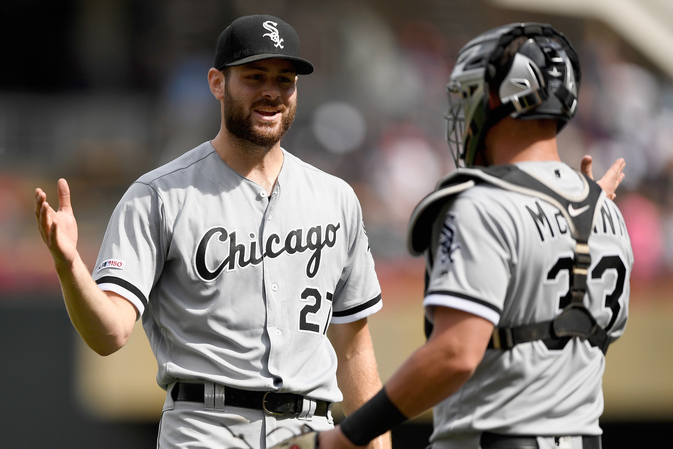 MINNEAPOLIS, MN - AUGUST 21: Lucas Giolito #27 and James McCann #33 of the Chicago White Sox celebrate after Giolito pitched a complete game against the Minnesota Twins on August 21, 2019 at Target Field in Minneapolis, Minnesota. (Photo by Hannah Foslien