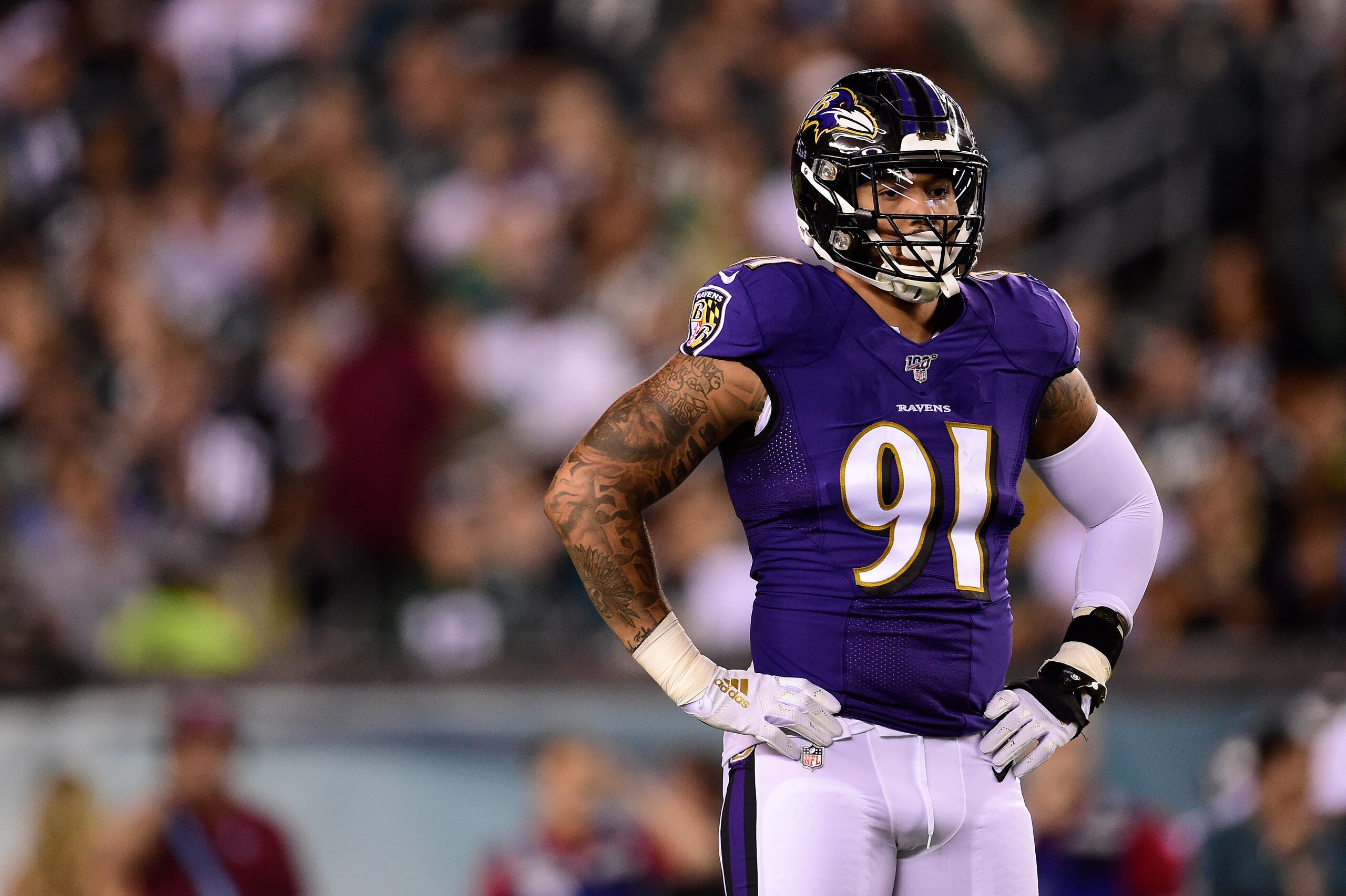 PHILADELPHIA, PA - AUGUST 22: Shane Ray #91 of the Baltimore Ravens in action in the first half during a preseason game against the Philadelphia Eagles at Lincoln Financial Field on August 22, 2019 in Philadelphia, Pennsylvania. (Photo by Patrick McDermot