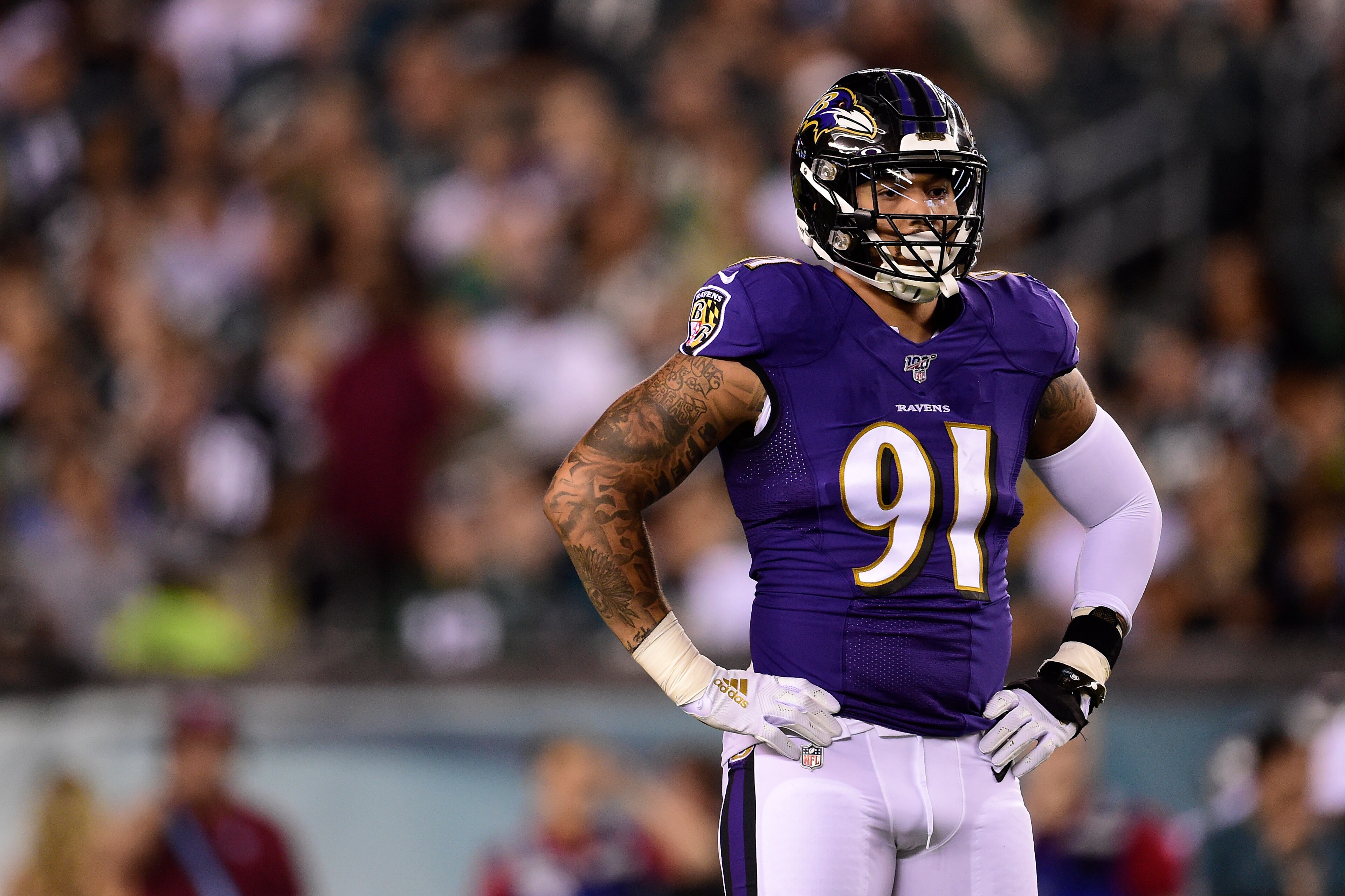PHILADELPHIA, PA - AUGUST 22: Shane Ray #91 of the Baltimore Ravens in action in the first half during a preseason game against the Philadelphia Eagles at Lincoln Financial Field on August 22, 2019 in Philadelphia, Pennsylvania. (Photo by Patrick McDermot