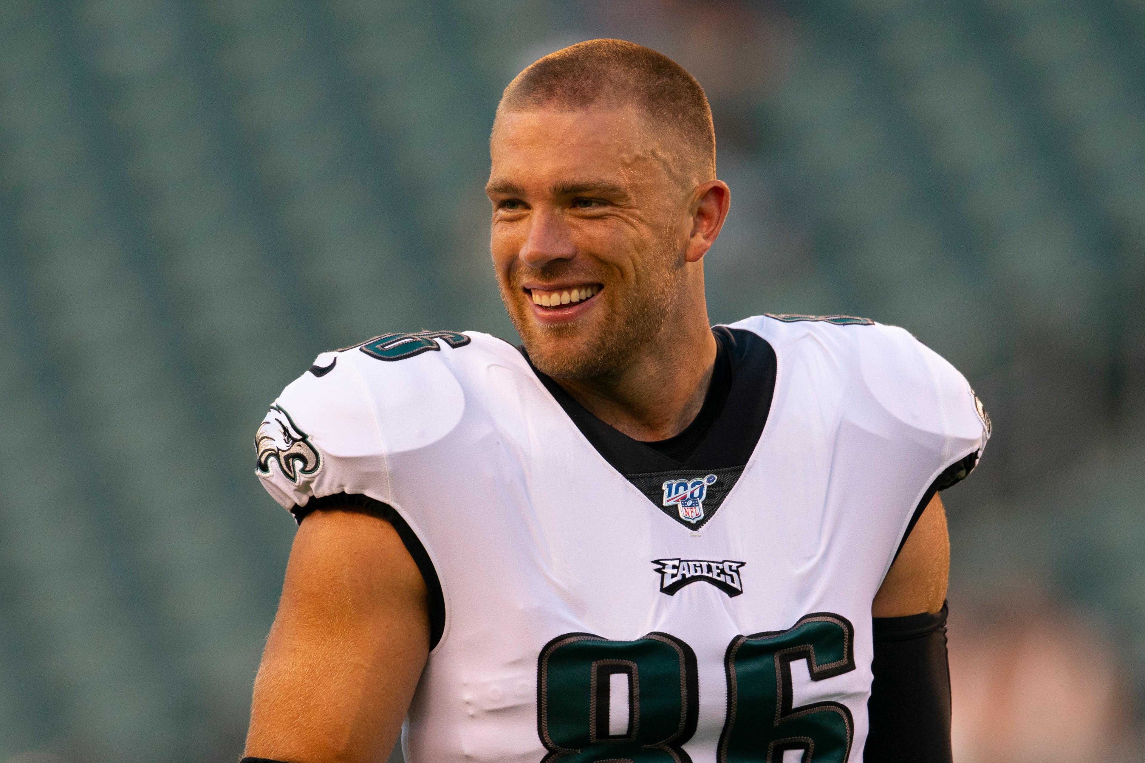 PHILADELPHIA, PA - AUGUST 22: Zach Ertz #86 of the Philadelphia Eagles reacts prior to the preseason game against the Baltimore Ravens at Lincoln Financial Field on August 22, 2019 in Philadelphia, Pennsylvania. (Photo by Mitchell Leff/Getty Images)