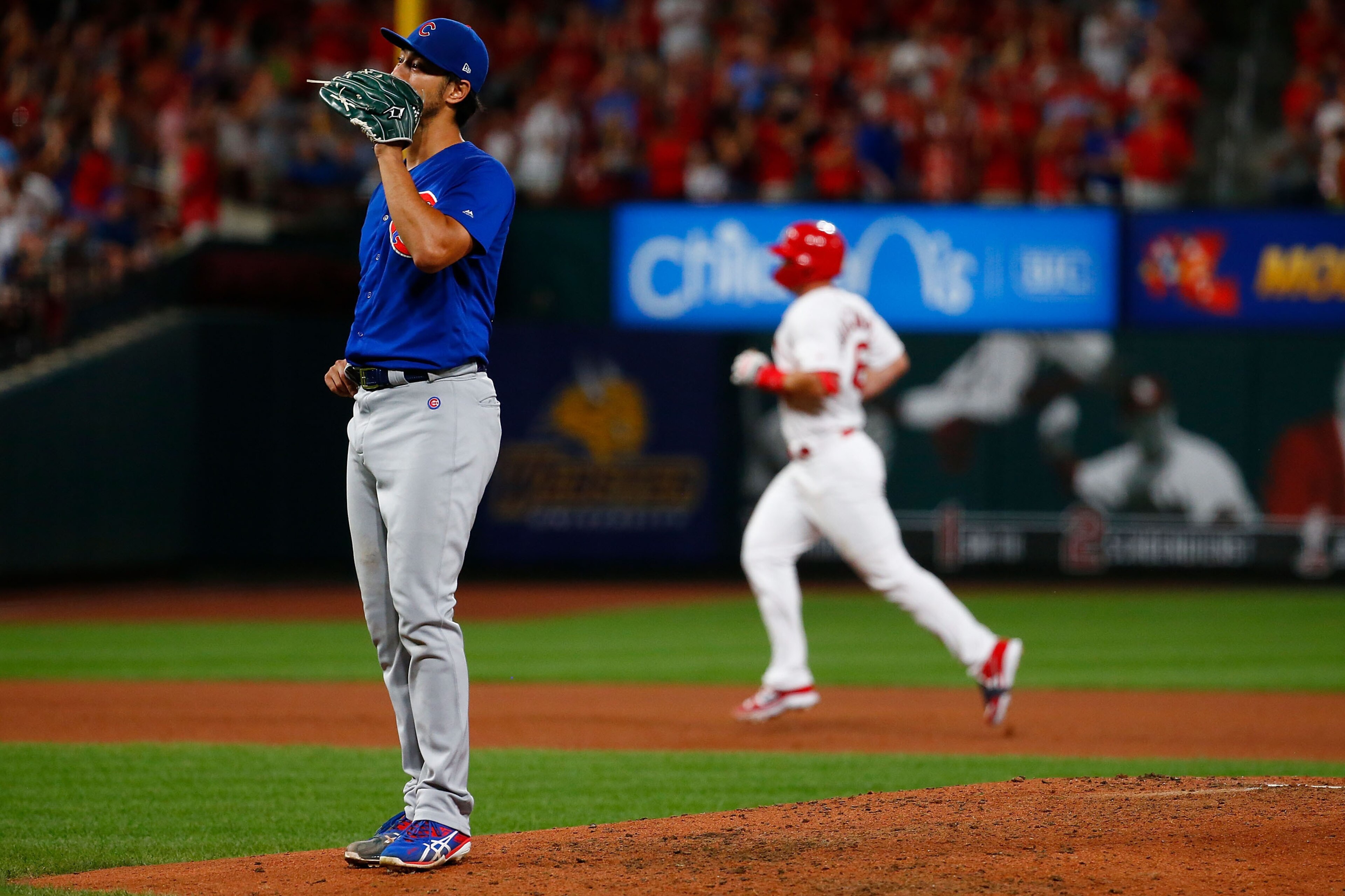 ST LOUIS, MO - JULY 30: Yu Darvish #11 of the Chicago Cubs reacts after giving up a home run against the St. Louis Cardinals in the sixth inning at Busch Stadium on July 30, 2019 in St Louis, Missouri. (Photo by Dilip Vishwanat/Getty Images) ST LOUIS, MO - JULY 30: Yu Darvish #11 of the Chicago Cubs reacts after giving up a home run against the St. Louis Cardinals in the sixth inning at Busch Stadium on July 30, 2019 in St Louis, Missouri. (Photo by Dilip Vishwanat/Getty Images)