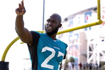JACKSONVILLE, FL - JULY 28: Runningback Leonard Fournette #27 of the Jacksonville Jaguars waves to the fans as he entered the field before Training Camp at Florida Blue Health and Wellness Practice Fields on July 28, 2017 in Jacksonville, Florida. (Photo 