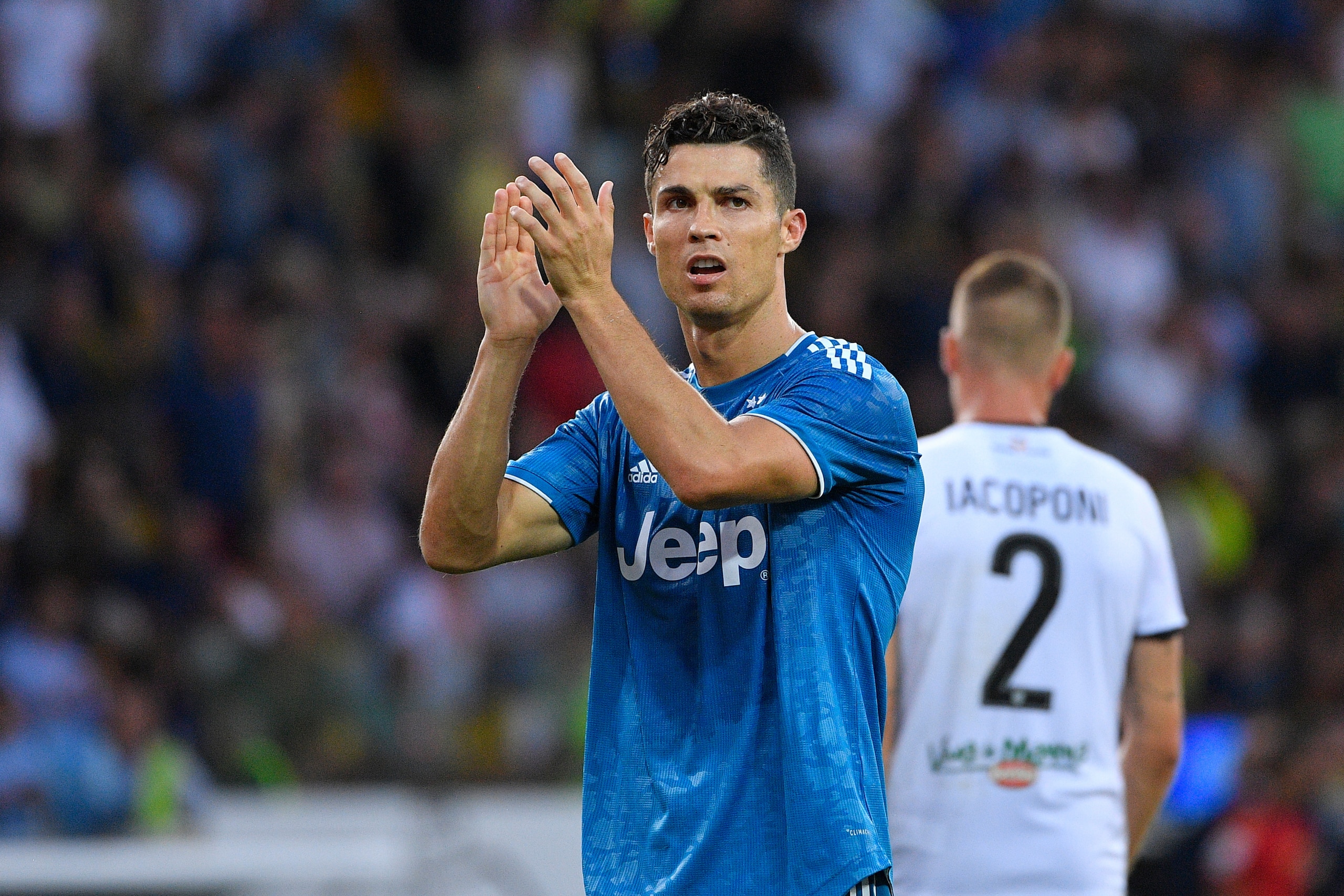 PARMA, ITALY - AUGUST 24: Cristiano Ronaldo of Juventus  during the Italian Serie A   match between Parma v Juventus at the Stadio Ennio Tardini on August 24, 2019 in Parma Italy (Photo by Mattia Ozbot/Soccrates/Getty Images)