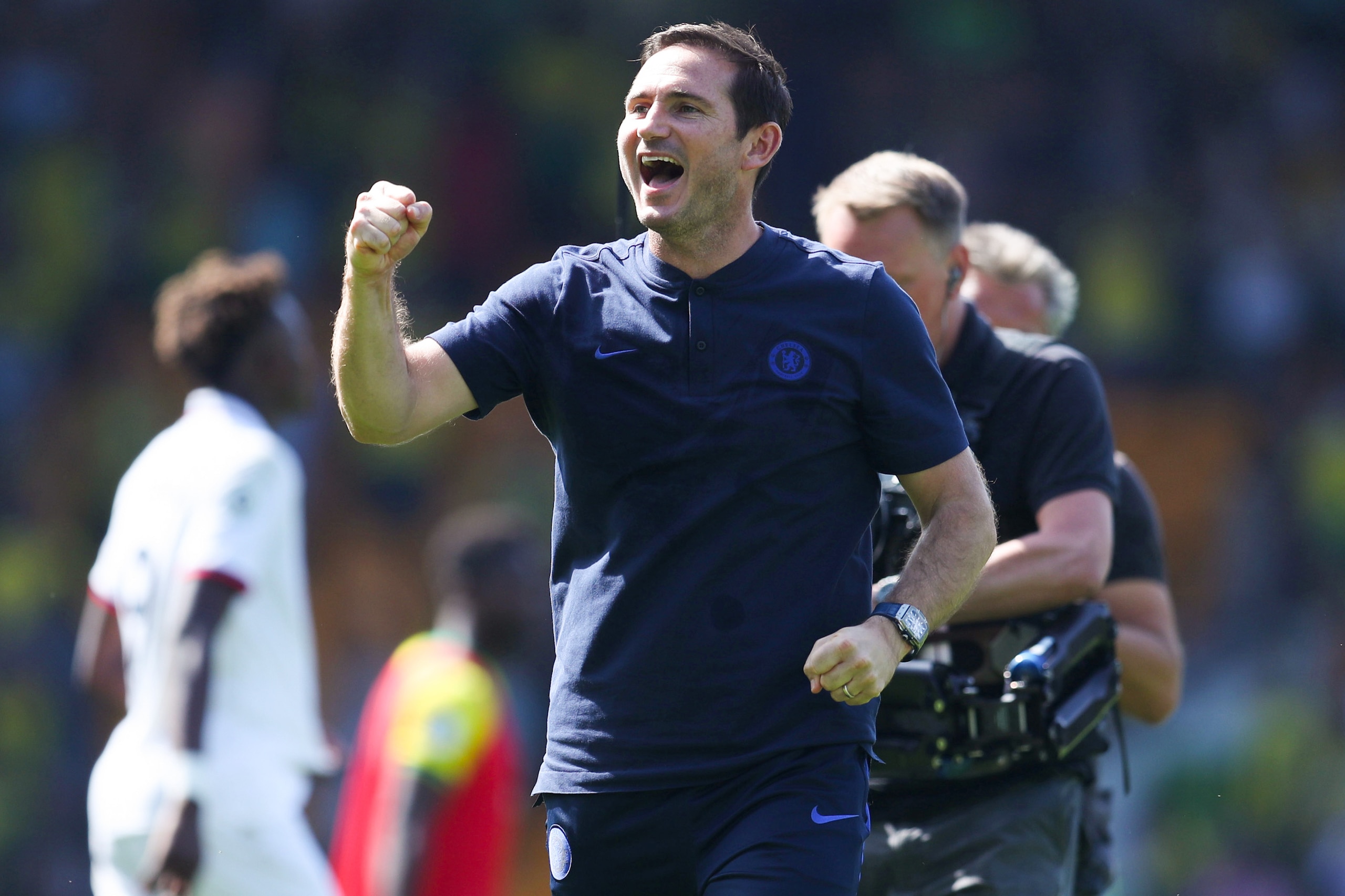 NORWICH, ENGLAND - AUGUST 24: Frank Lampard manager of Chelsea celebrates the win after the Premier League match between Norwich City and Chelsea FC at Carrow Road on August 24, 2019 in Norwich, United Kingdom. (Photo by Catherine Ivill/Getty Images)