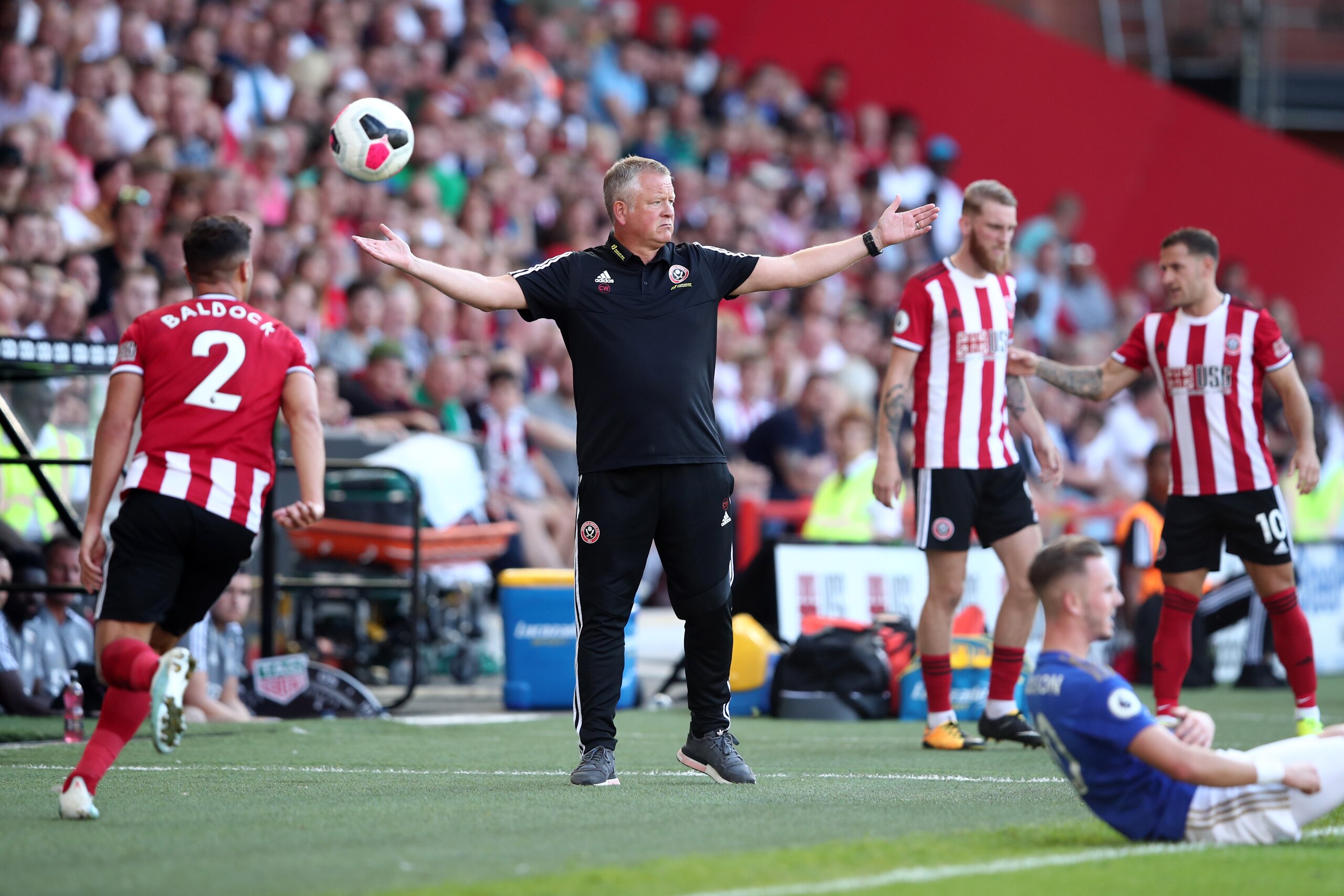 SHEFFIELD, ENGLAND - AUGUST 24: Chris Wilder, Manager of Sheffield United reacts during the Premier League match between Sheffield United and Leicester City at Bramall Lane on August 24, 2019 in Sheffield, United Kingdom. (Photo by Marc Atkins/Getty Image