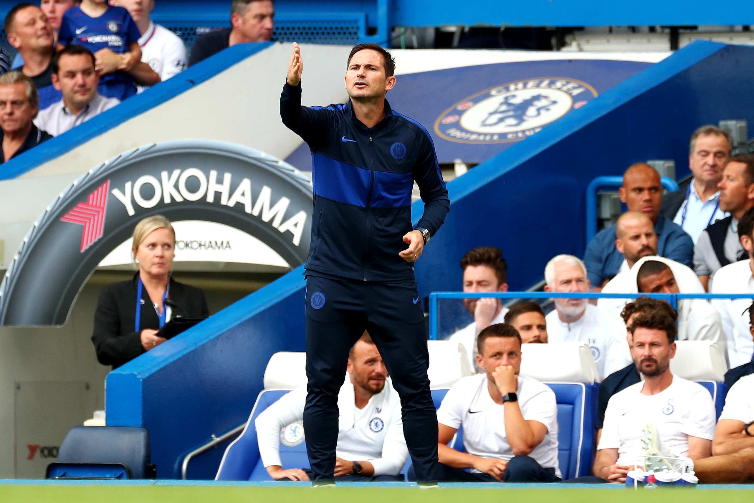 LONDON, ENGLAND - AUGUST 31: Frank Lampard reacts during the Premier League match between Chelsea FC and Sheffield United at Stamford Bridge on August 31, 2019 in London, United Kingdom. (Photo by Clive Rose/Getty Images)