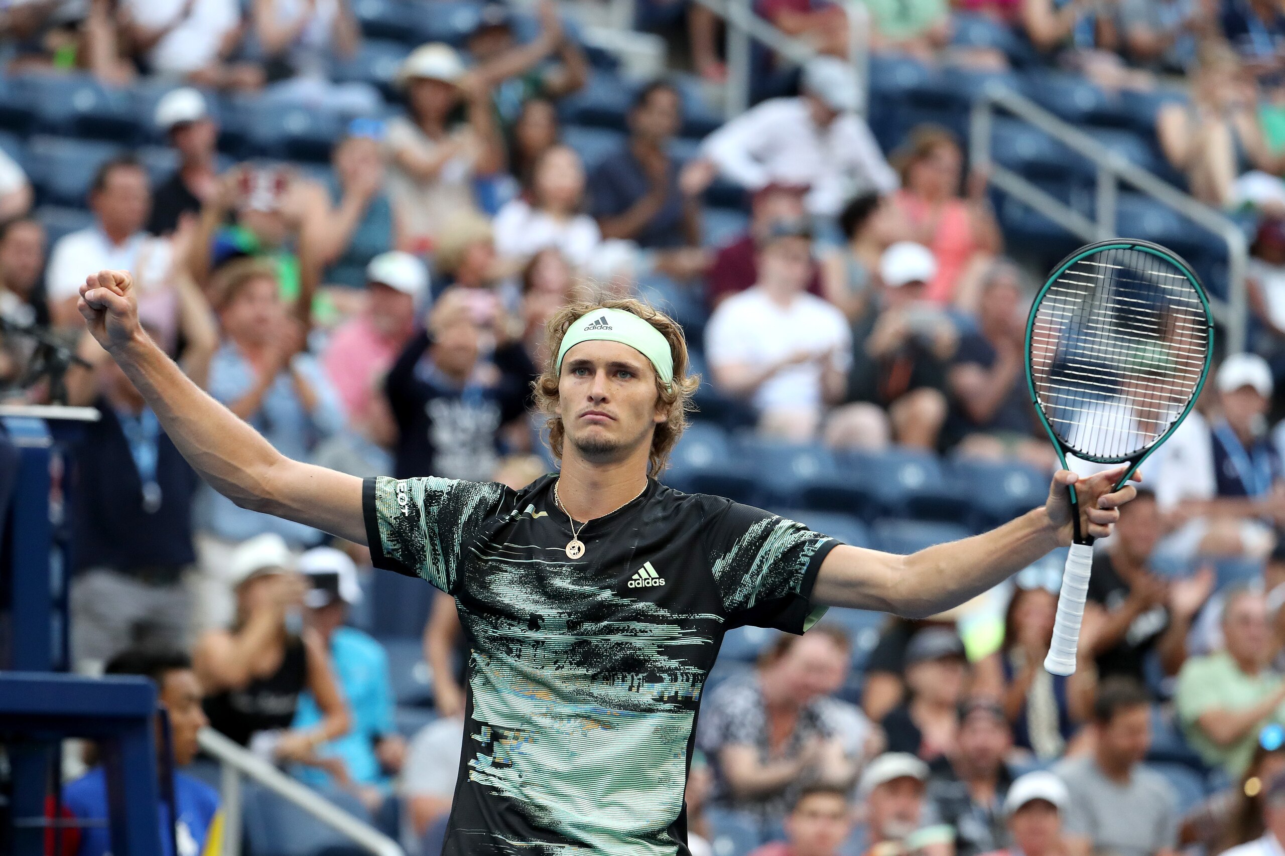 NEW YORK, NEW YORK - AUGUST 31: Alexander Zverev of Germany celebrates after winning his Men's Singles third round match against Aljaz Bedene of Slovenia on day six of the 2019 US Open at the USTA Billie Jean King National Tennis Center on August 31, 201 NEW YORK, NEW YORK - AUGUST 31: Alexander Zverev of Germany celebrates after winning his Men's Singles third round match against Aljaz Bedene of Slovenia on day six of the 2019 US Open at the USTA Billie Jean King National Tennis Center on August 31, 201
