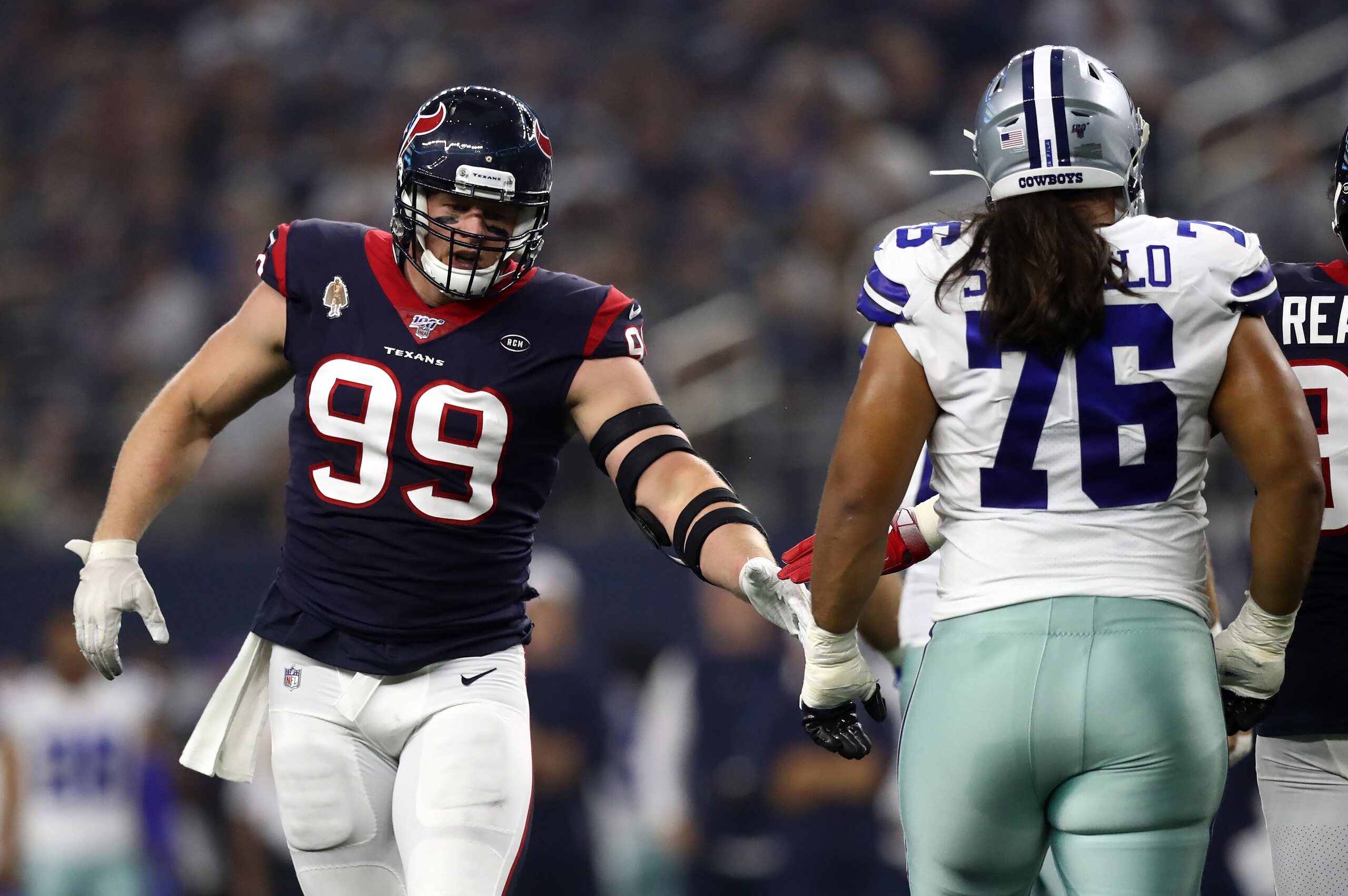 ARLINGTON, TEXAS - AUGUST 24:  J.J. Watt #99 of the Houston Texans during a NFL preseason game at AT&T Stadium on August 24, 2019 in Arlington, Texas. (Photo by Ronald Martinez/Getty Images)