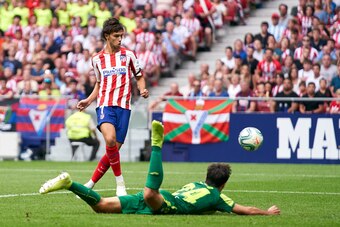 MADRID, SPAIN - SEPTEMBER 01: Joao Felix of Atletico de Madrid  scores the first goal of the team during the La Liga match between Club Atletico de Madrid and SD Eibar SAD at Wanda Metropolitano on September 01, 2019 in Madrid, Spain. (Photo by Quality Sp