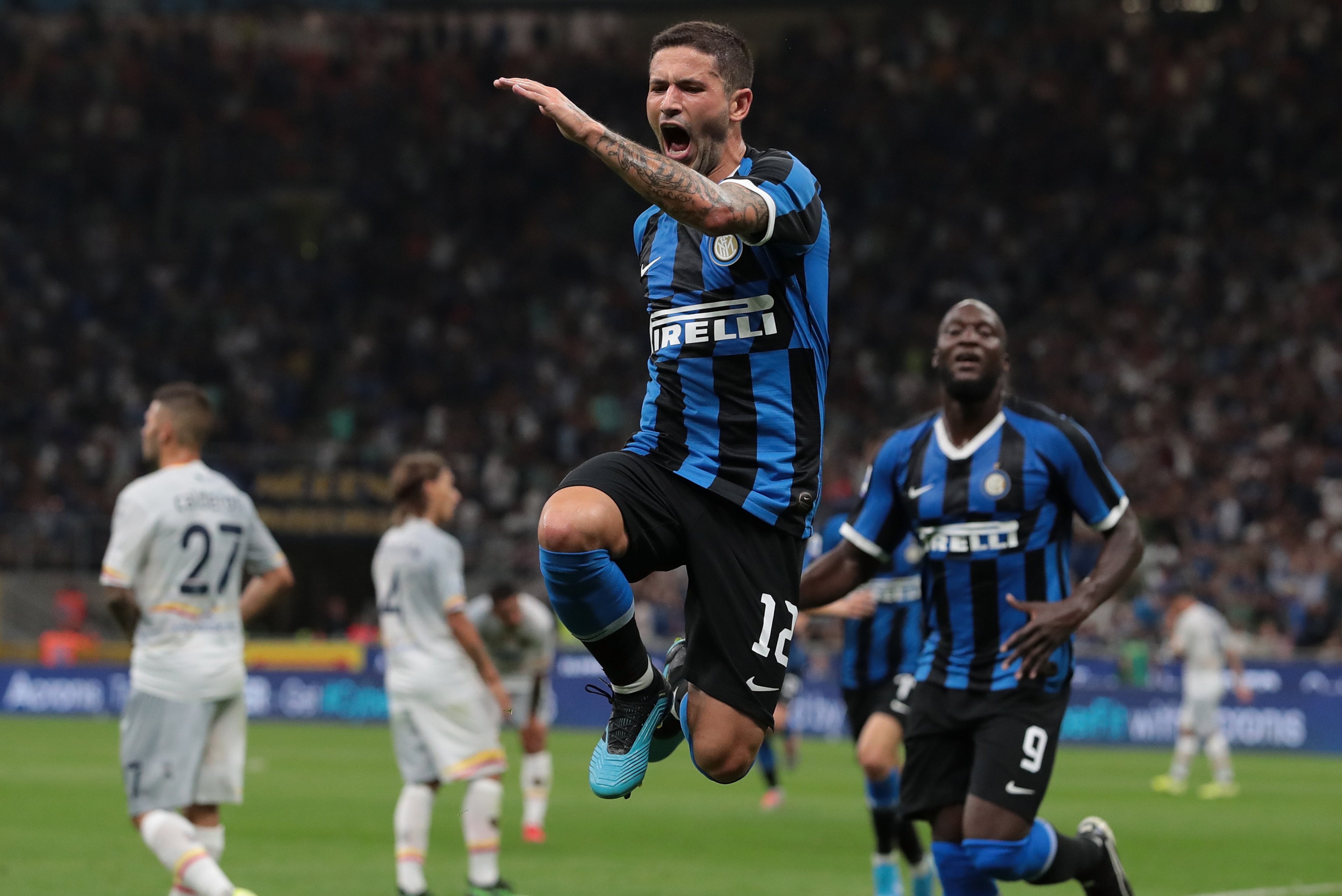 MILAN, ITALY - AUGUST 26: Stefano Sensi of FC Internazionale celebrates his goal during the Serie A match between FC Internazionale and US Lecce at Stadio Giuseppe Meazza on August 26, 2019 in Milan, Italy. (Photo by Emilio Andreoli/Getty Images) MILAN, ITALY - AUGUST 26: Stefano Sensi of FC Internazionale celebrates his goal during the Serie A match between FC Internazionale and US Lecce at Stadio Giuseppe Meazza on August 26, 2019 in Milan, Italy. (Photo by Emilio Andreoli/Getty Images)