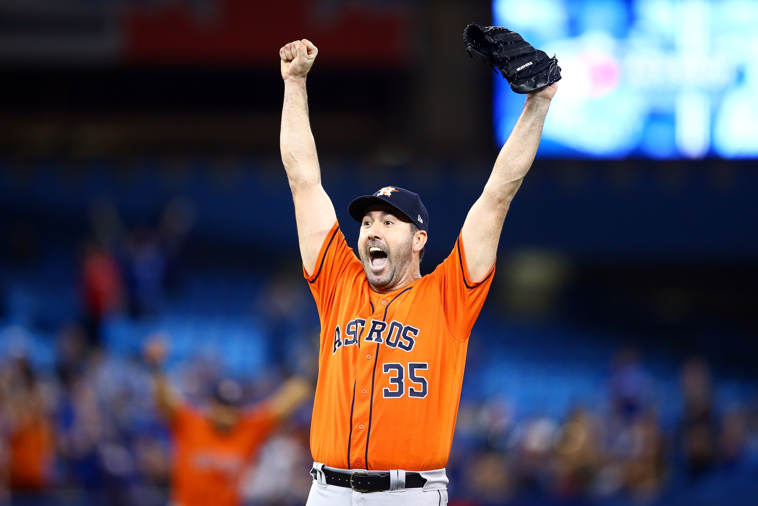TORONTO, ON - SEPTEMBER 01: Justin Verlander #35 of the Houston Astros celebrates after throwing a no hitter at the end of the ninth inning during a MLB game against the Toronto Blue Jays at Rogers Centre on September 01, 2019 in Toronto, Canada. (Photo b