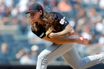 NEW YORK, NEW YORK - AUGUST 18:    Mike Clevinger #52 of the Cleveland Indians in action against the New York Yankees at Yankee Stadium on August 18, 2019 in New York City. The Indians defeated the Yankees 8-4. (Photo by Jim McIsaac/Getty Images)