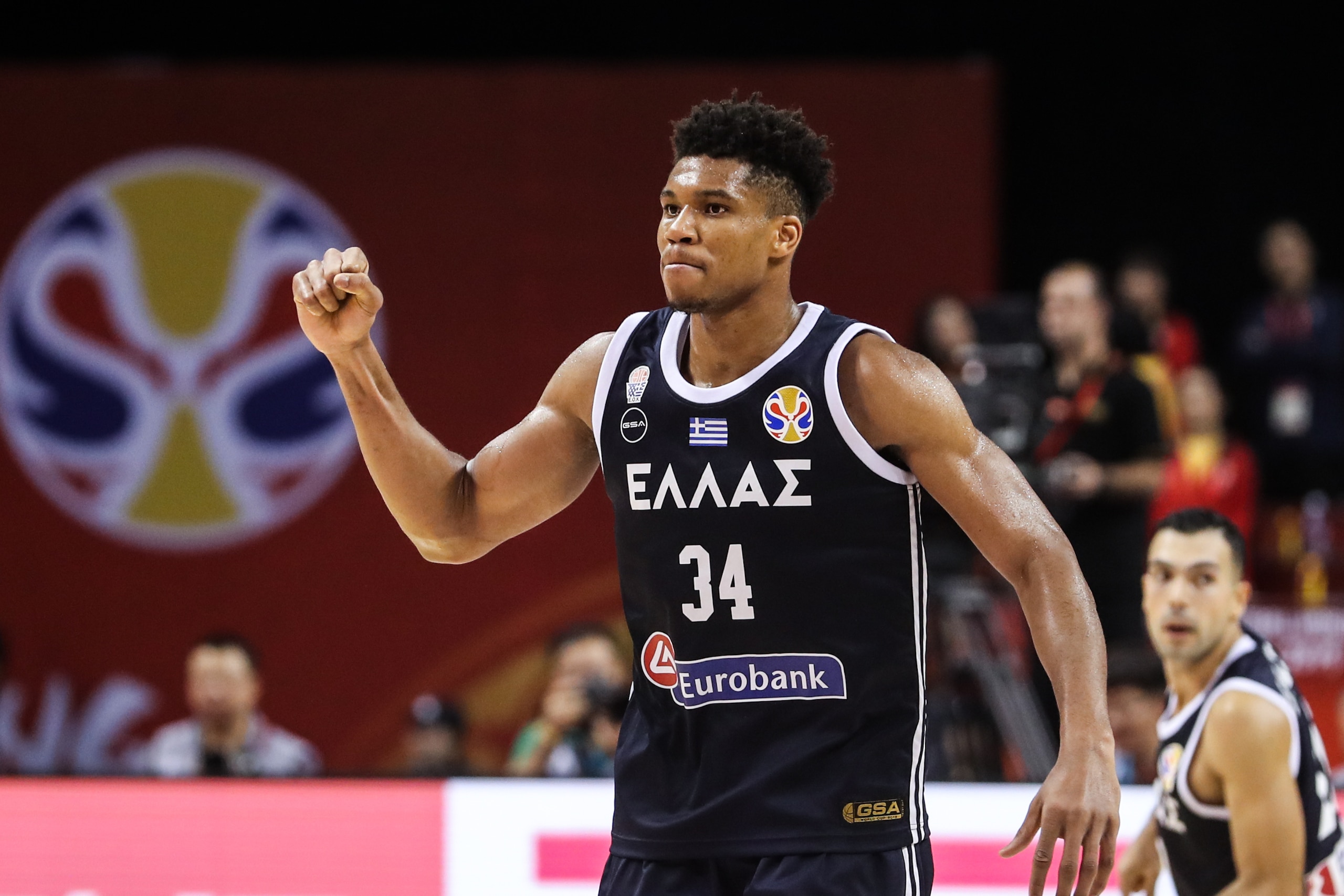 NANJING, CHINA - SEPTEMBER 03: Antetokounmpo Giannis #34 of Greece reacts during 2nd round Group F match between Greece and Brazil of 2019 FIBA World Cup at Nanjing Youth Olympic Sports Park Gymnasium on September 03, 2019 in Nanjing, China. (Photo by Shi