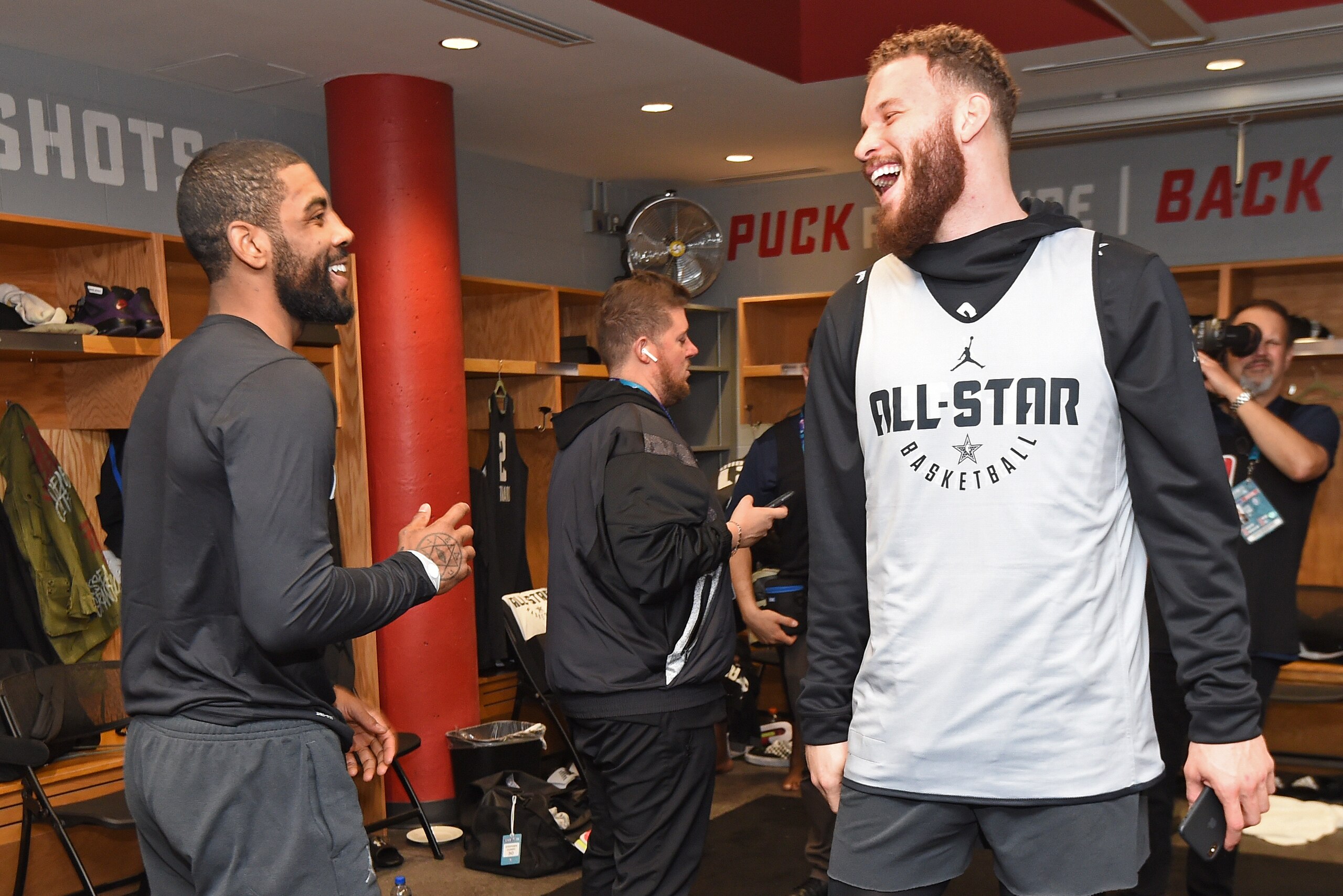 CHARLOTTE, NC - FEBRUARY 16: Kyrie Irving #11 of Team LeBron and Blake Griffin #23 of Team Giannis smile and laugh in the locker room before the 2019 NBA All-Star Practice and Media Availability on February 16, 2019 at Bojangles Coliseum in Charlotte, Nor CHARLOTTE, NC - FEBRUARY 16: Kyrie Irving #11 of Team LeBron and Blake Griffin #23 of Team Giannis smile and laugh in the locker room before the 2019 NBA All-Star Practice and Media Availability on February 16, 2019 at Bojangles Coliseum in Charlotte, Nor
