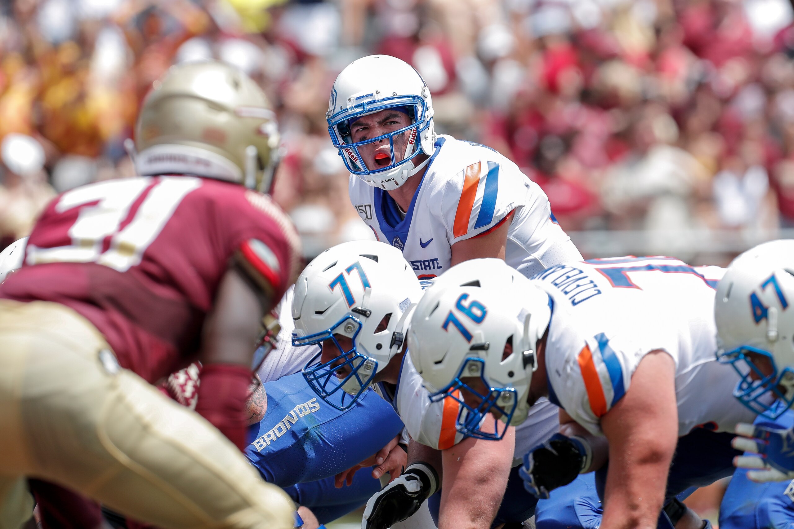 TALLAHASSEE, FL - AUGUST 31: Quarterback Hank Bachmeier #19 of the Boise State Broncos calls a play at the line of scrimmage during the game against the Florida State Seminoles at Doak Campbell Stadium on Bobby Bowden Field on August 31, 2019 in Tallahass