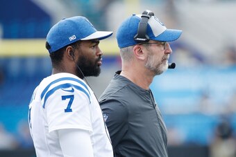 JACKSONVILLE, FL - DECEMBER 02:  Head coach Frank Reich and Jacoby Brissett #7 of the Indianapolis Colts wait on the field during their game against the Jacksonville Jaguars at  TIAA Bank Field on December 2, 2018 in Jacksonville, Florida.  (Photo by Joe 
