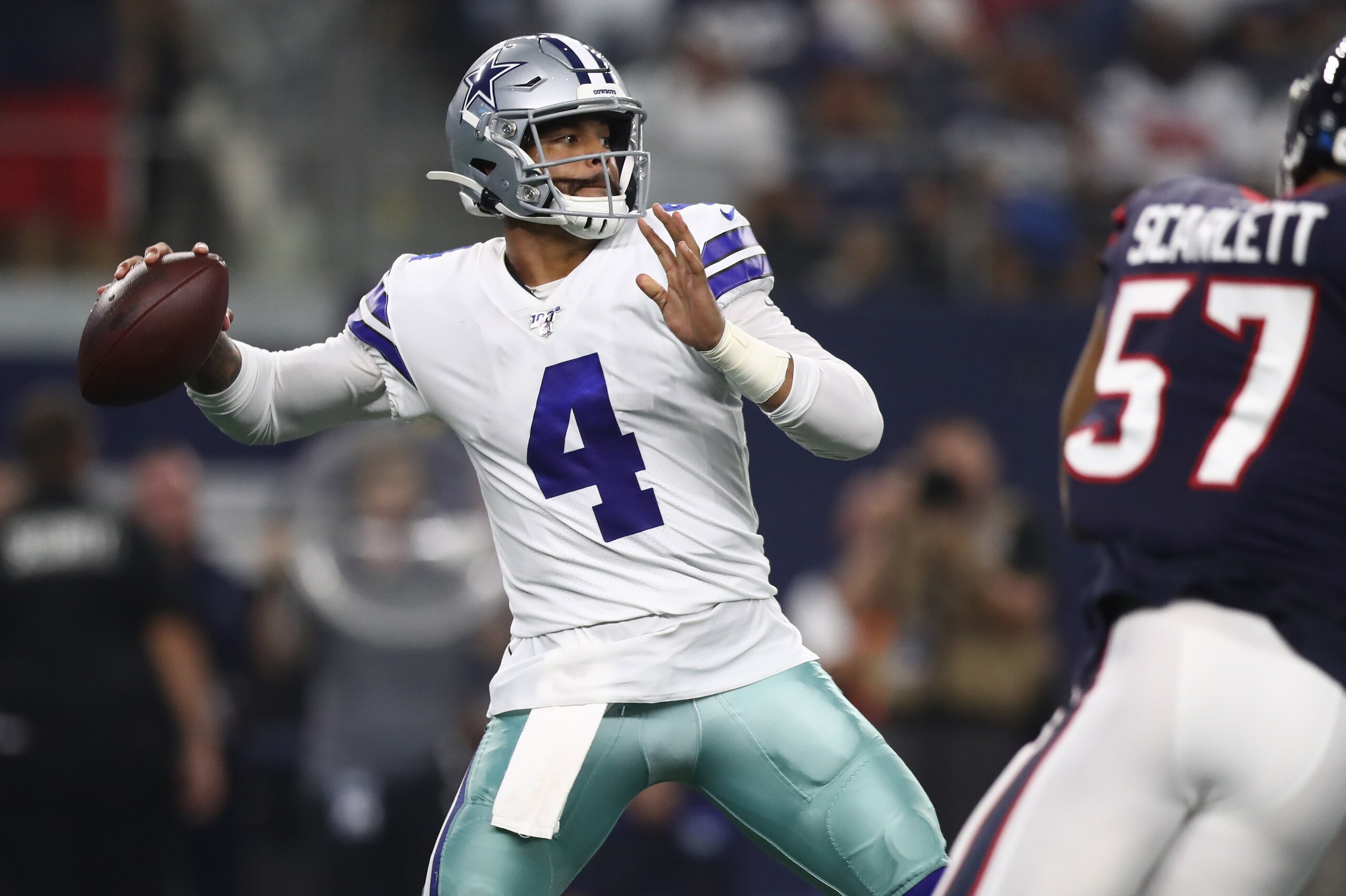 ARLINGTON, TEXAS - AUGUST 24: Dak Prescott #4 of the Dallas Cowboys during a NFL preseason game at AT&T Stadium on August 24, 2019 in Arlington, Texas. (Photo by Ronald Martinez/Getty Images) ARLINGTON, TEXAS - AUGUST 24: Dak Prescott #4 of the Dallas Cowboys during a NFL preseason game at AT&T Stadium on August 24, 2019 in Arlington, Texas. (Photo by Ronald Martinez/Getty Images)