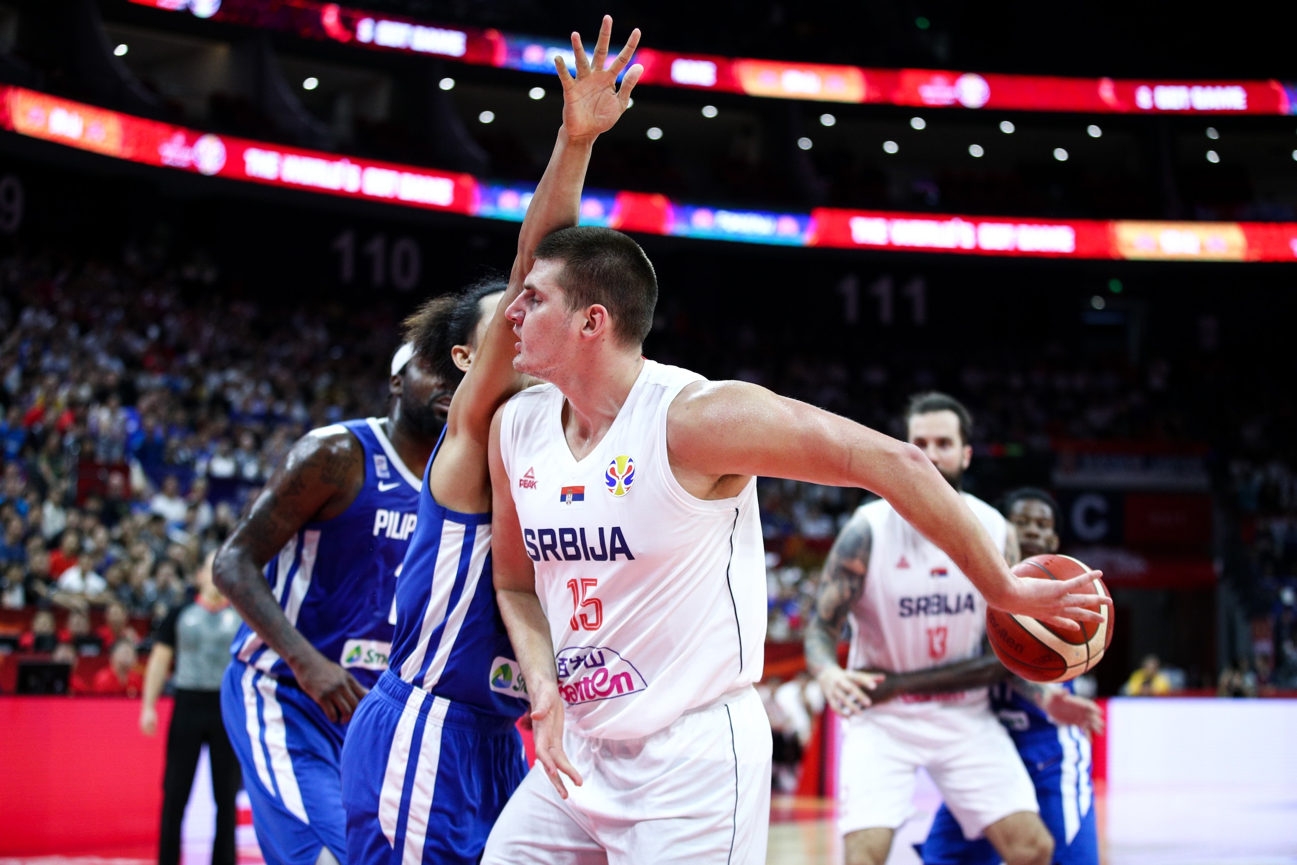FOSHAN, CHINA - SEPTEMBER 02: #15 Nikola Jokic of the Serbia National Team in action during the match against the Philippines National Team during the 1st round of 2019 FIBA World Cup at GBA International Sports and Cultural Center on September 02, 2019 i