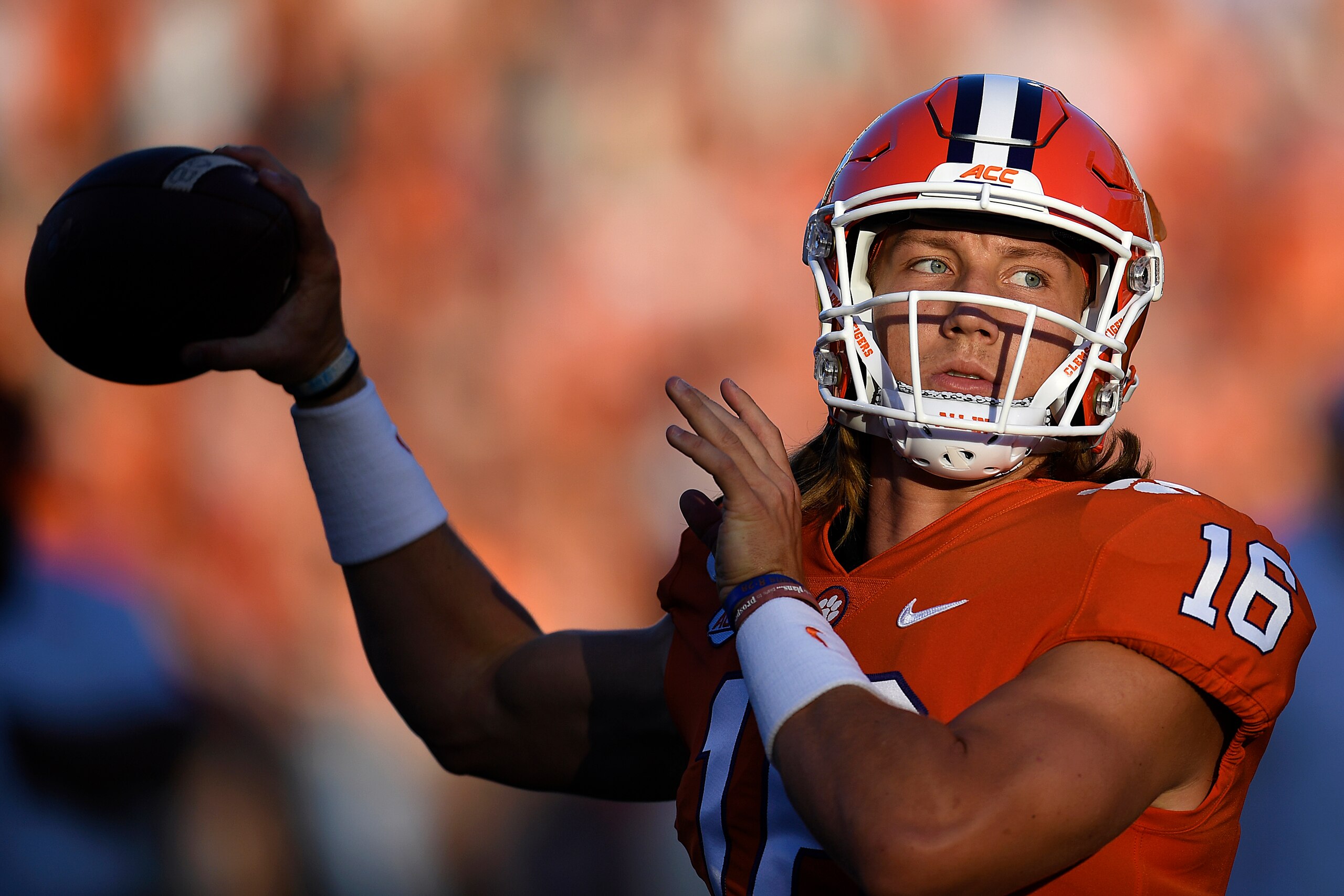 CLEMSON, SOUTH CAROLINA - AUGUST 29: Quarterback Trevor Lawrence #16 of the Clemson Tigers warms up prior to the start of the Tigers' football game against the Georgia Tech Yellow Jackets at Memorial Stadium on August 29, 2019 in Clemson, South Carolina. 