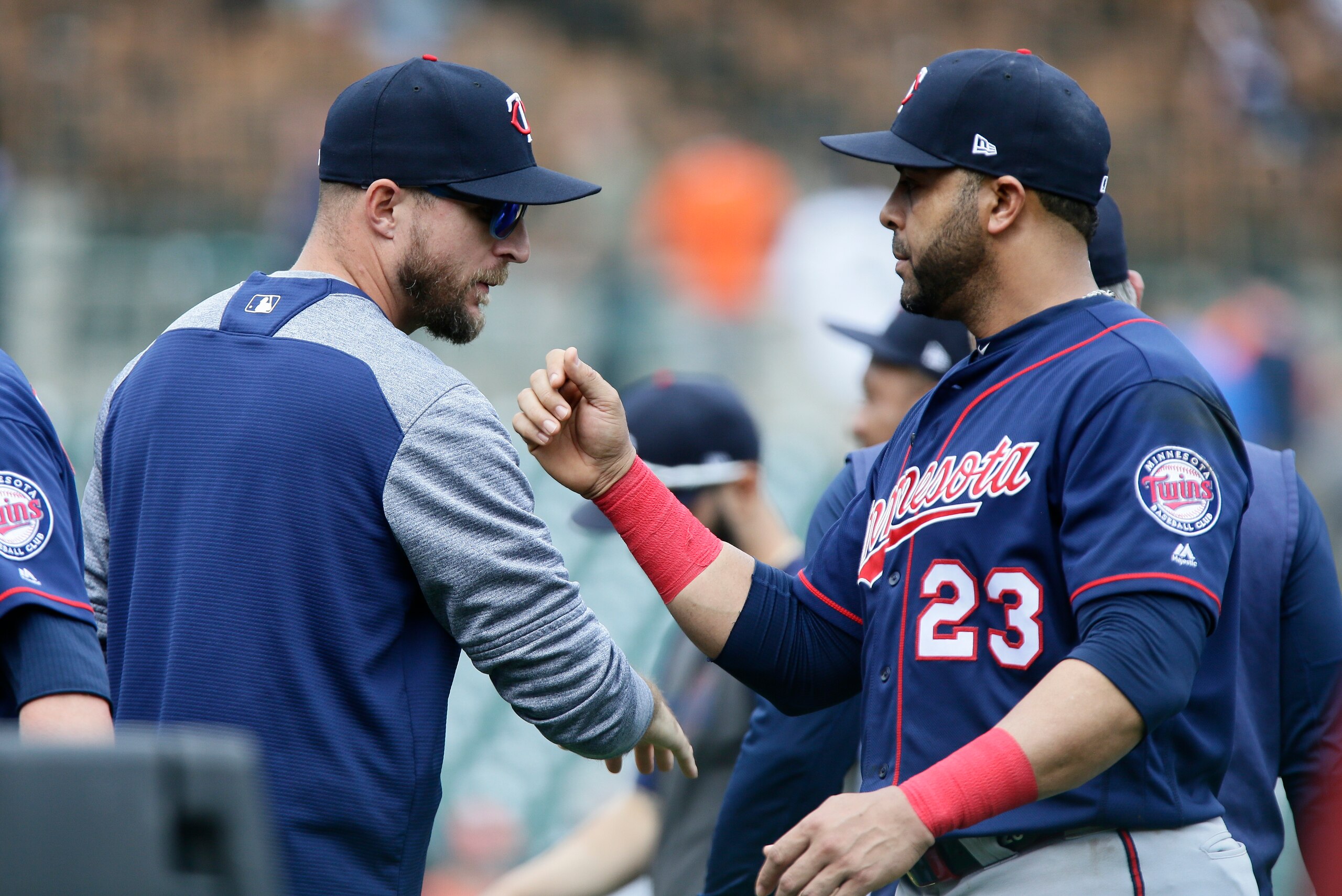DETROIT, MI - JUNE 9:  Manager Rocco Baldelli #5 of the Minnesota Twins celebrates with Nelson Cruz #23 of the Minnesota Twins after a 12-2 win over the Detroit Tigers at Comerica Park on June 9, 2019 in Detroit, Michigan. (Photo by Duane Burleson/Getty I