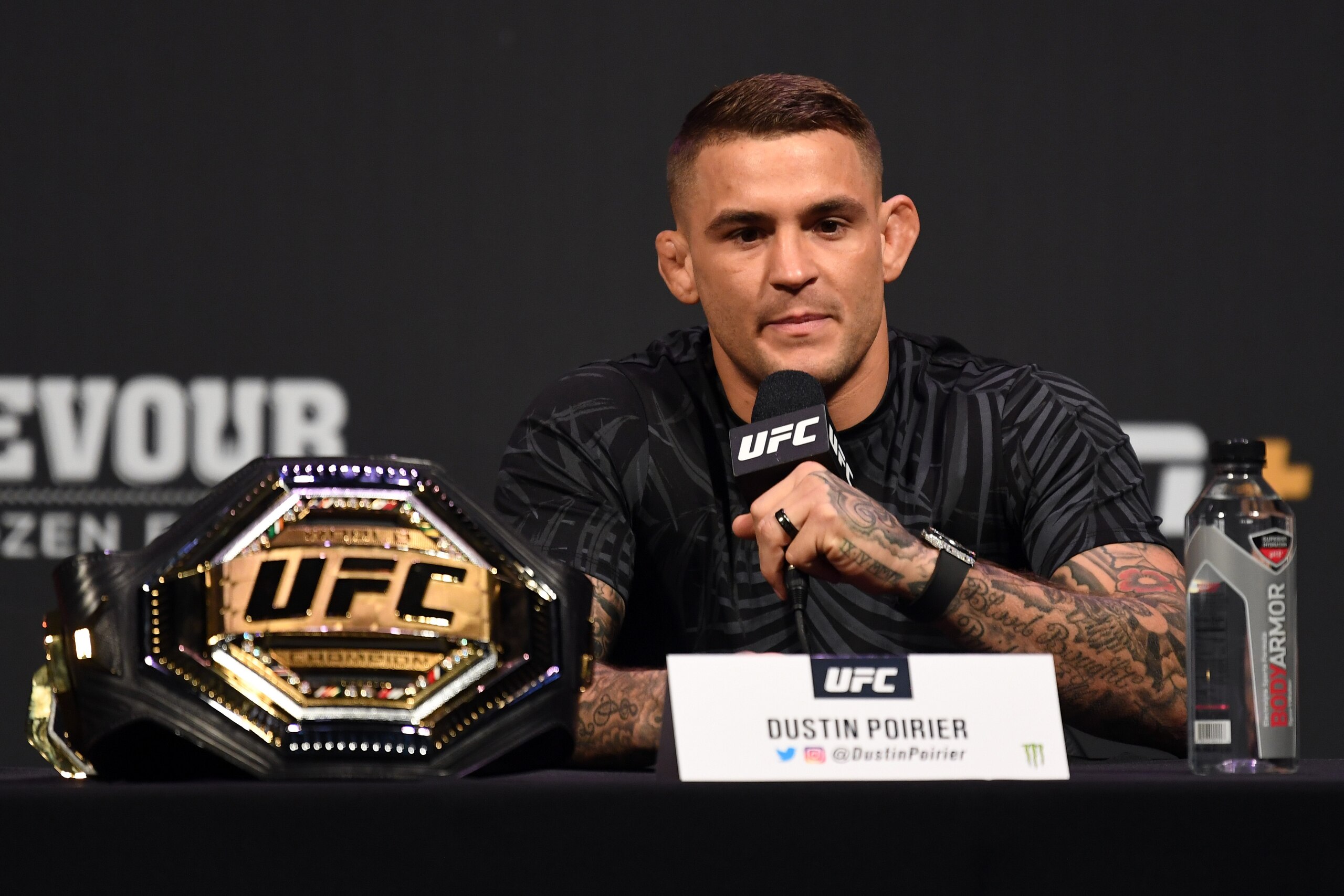 LAS VEGAS, NEVADA - JULY 05:  UFC interim lightweight champion Dustin Poirier of the United States speaks to the media during the UFC seasonal press conference at T-Mobile Arena on July 5, 2019 in Las Vegas, Nevada. (Photo by Josh Hedges/Zuffa LLC/Zuffa L