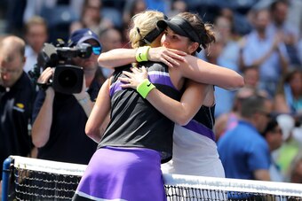 NEW YORK, NEW YORK - SEPTEMBER 04: Belinda Bencic of Switzerland shakes hands with Donna Vekic of Croatia after their Women's Singles quarterfinal match on day ten of the 2019 US Open at the USTA Billie Jean King National Tennis Center on September 04, 20