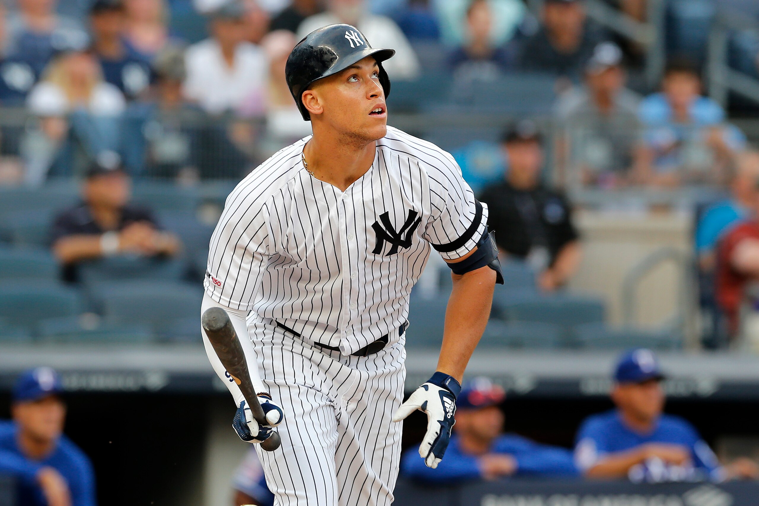 NEW YORK, NEW YORK - SEPTEMBER 02: Aaron Judge #99 of the New York Yankees in action against the Texas Rangers at Yankee Stadium on September 02, 2019 in New York City. The Rangers defeated the Yankees 7-0. (Photo by Jim McIsaac/Getty Images) NEW YORK, NEW YORK - SEPTEMBER 02: Aaron Judge #99 of the New York Yankees in action against the Texas Rangers at Yankee Stadium on September 02, 2019 in New York City. The Rangers defeated the Yankees 7-0. (Photo by Jim McIsaac/Getty Images)