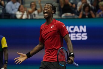 Gael Monfils from France celebrates against Matteo Berrettini from Italy during their Men's Singles Quarterfinals match at the 2019 US Open at the USTA Billie Jean King National Tennis Center in New York on September 4, 2019. (Photo by TIMOTHY A. CLARY / 