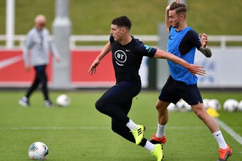 England's defender Declan Rice (L) and England's midfielder James Maddison attends an England team training session at St George's Park in Burton-on-Trent, central England on September 2, 2019, ahead of their Euro 2020 football qualification match against