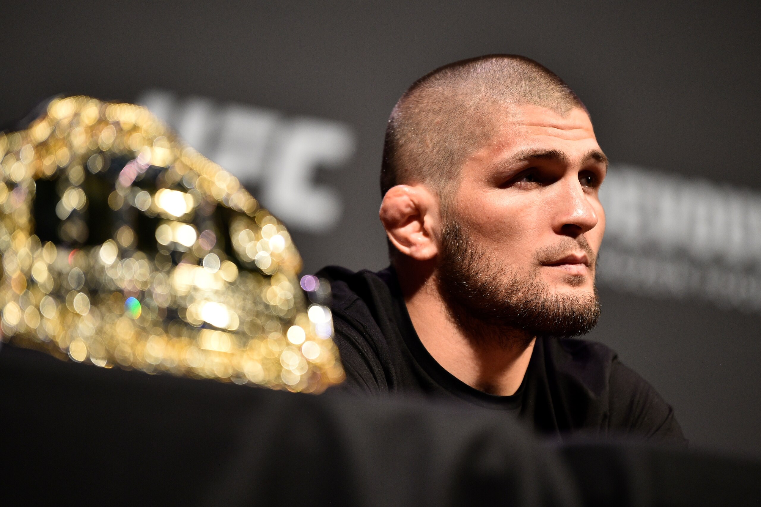 LAS VEGAS, NEVADA - JULY 05:  Khabib Nurmagomedov looks on during the UFC seasonal press conference at T-Mobile Arena on July 5, 2019 in Las Vegas, Nevada. (Photo by Chris Unger/Zuffa LLC/Zuffa LLC via Getty Images)