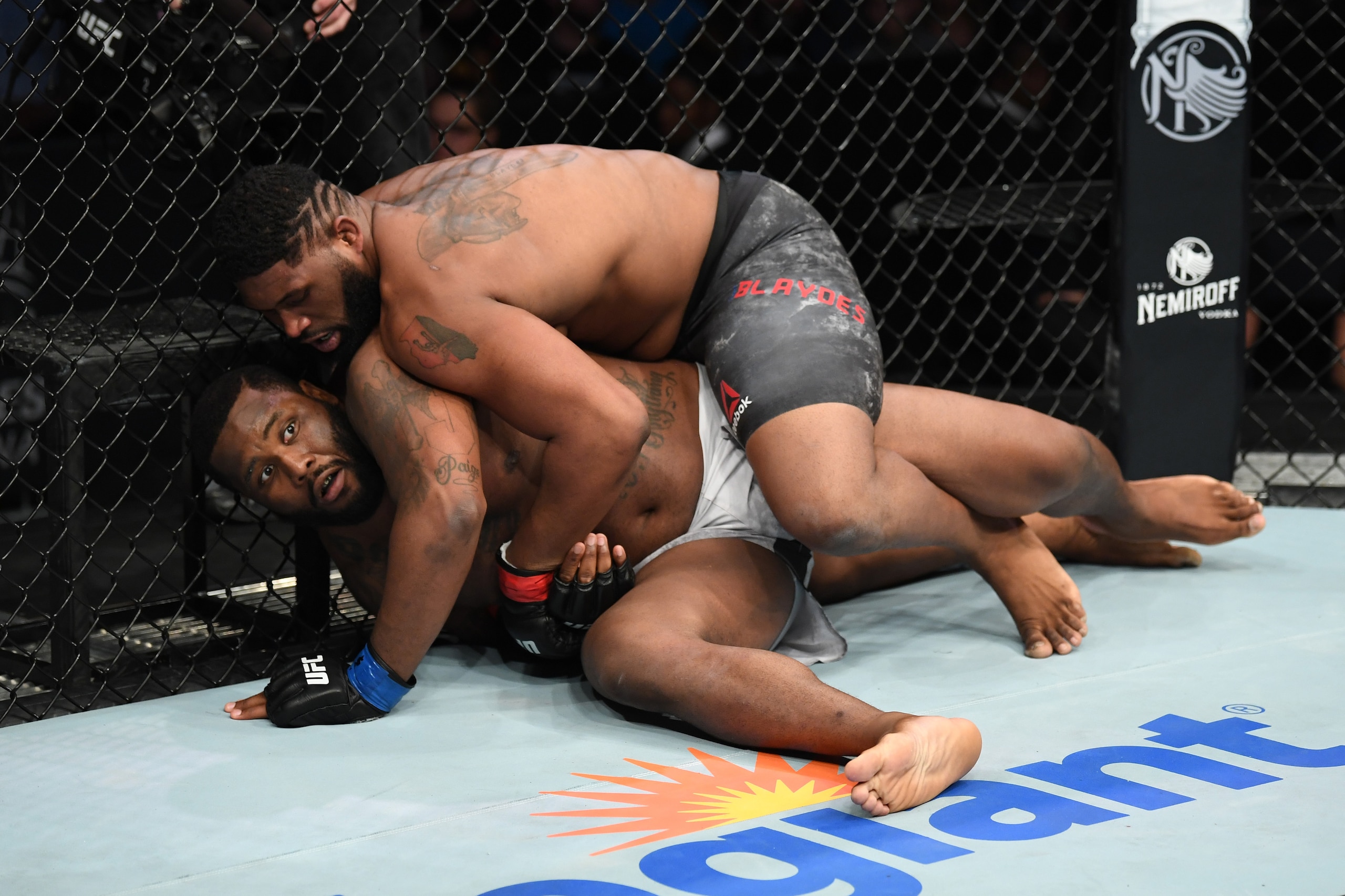 NASHVILLE, TENNESSEE - MARCH 23:  (L-R) Justin Willis looks to his corner in his heavyweight bout against Curtis Blaydes during the UFC Fight Night event at Bridgestone Arena on March 23, 2019 in Nashville, Tennessee. (Photo by Jeff Bottari/Zuffa LLC/Zuff
