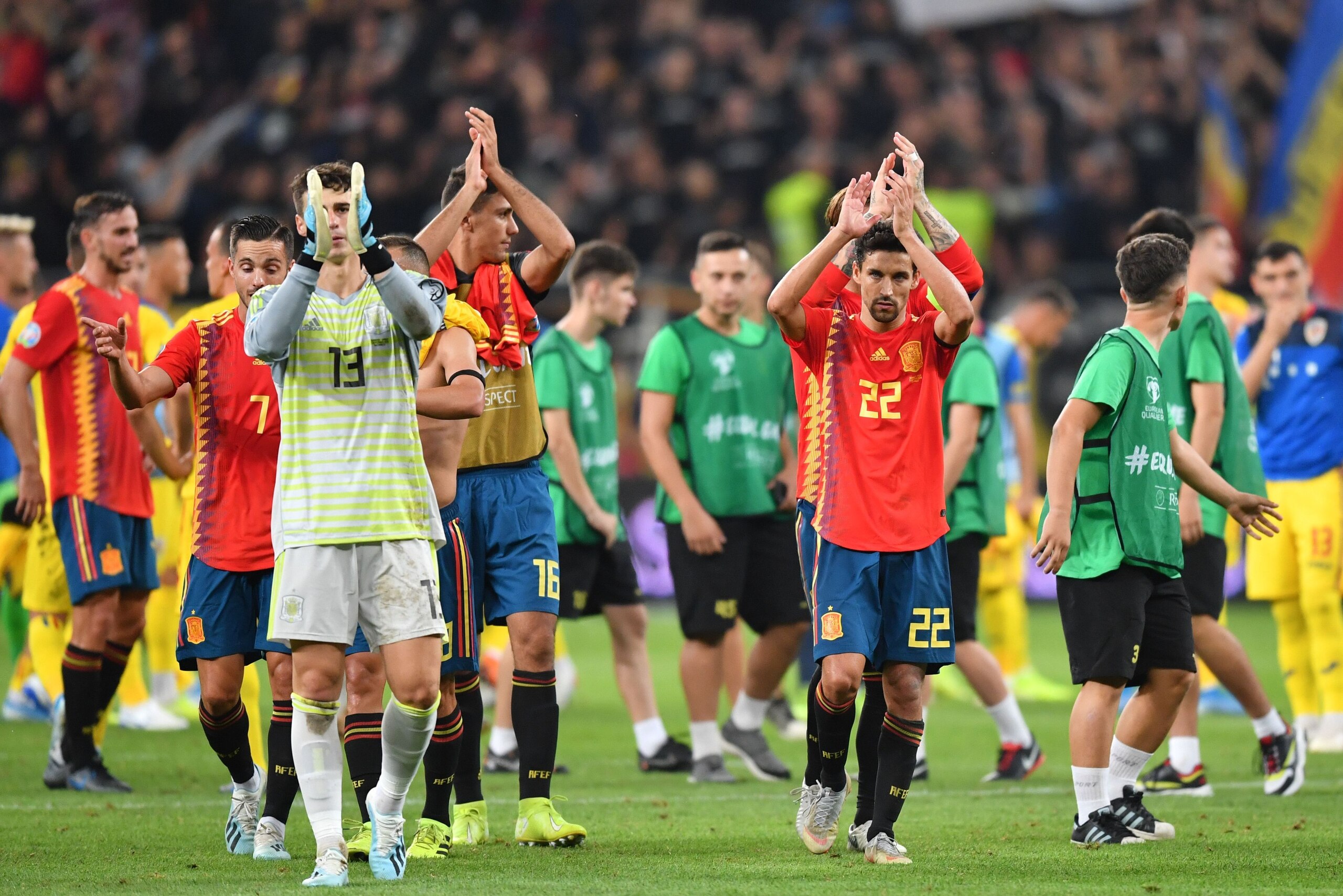 Spain's players celebrate after the Euro 2020 football qualification match between Romania and Spain in Bucharest, Romania, on September 5, 2019. (Photo by Daniel MIHAILESCU / AFP) (Photo credit should read DANIEL MIHAILESCU/AFP/Getty Images) Spain's players celebrate after the Euro 2020 football qualification match between Romania and Spain in Bucharest, Romania, on September 5, 2019. (Photo by Daniel MIHAILESCU / AFP) (Photo credit should read DANIEL MIHAILESCU/AFP/Getty Images)