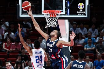 SHENZHEN, CHINA - SEPTEMBER 05: #27 Rudy Gobert of the France National Team in action against #24 Gelvis Solano of the Dominican Republic National Team during the 1st round of 2019 FIBA World Cup at Shenzhen Bay Sports Center on September 05, 2019 in Shen
