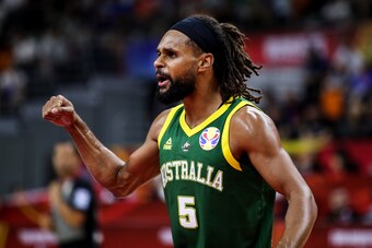 DONGGUAN, CHINA - SEPTEMBER 05: #5 Patty Mills of Australia reacts during the 2019 FIBA World Cup, first round match between Lithuania and Australia at Dongguan Basketball Center on on September 05, 2019 in Dongguan, China. (Photo by Zhizhao Wu/Getty Imag