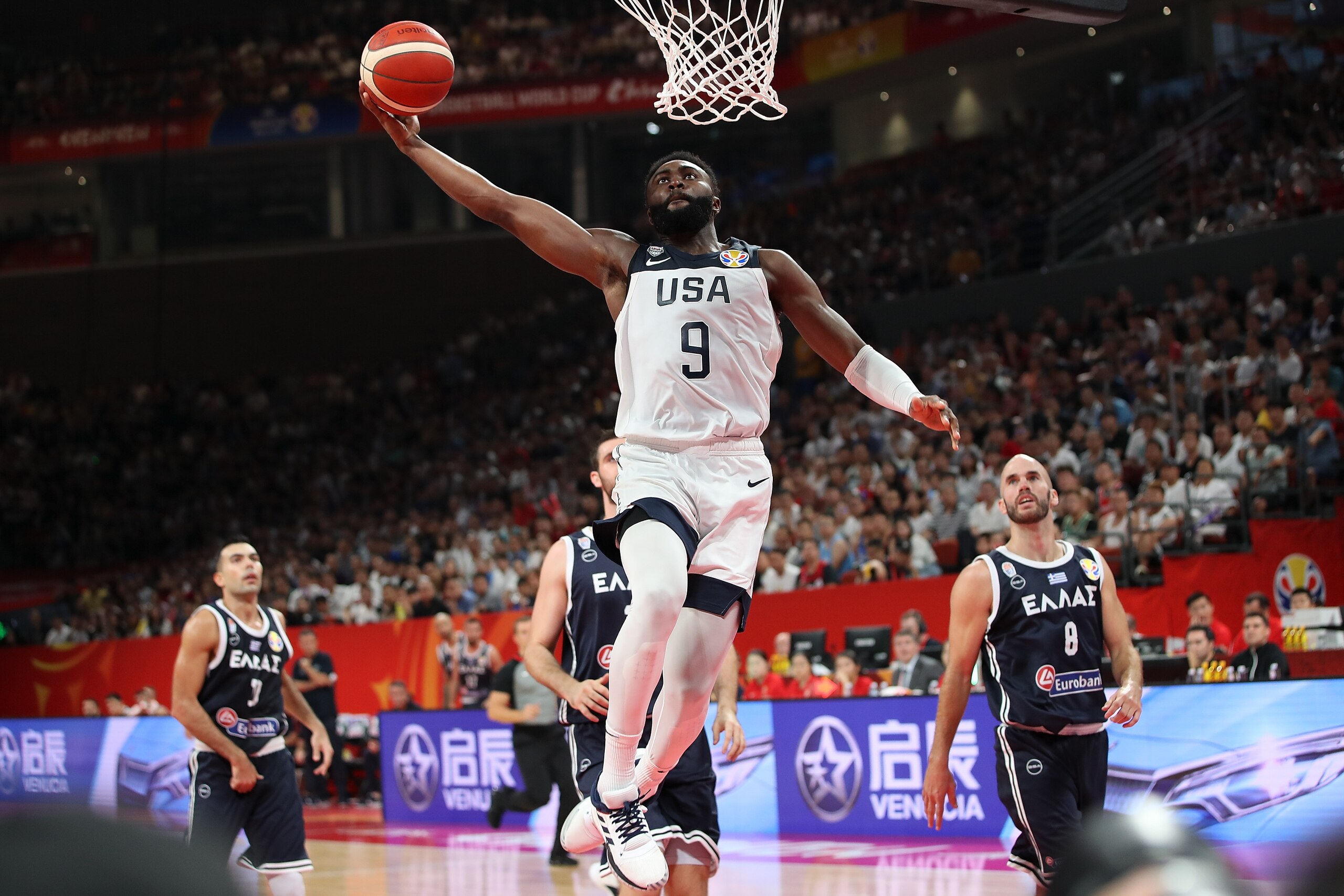 SHENZHEN, CHINA - SEPTEMBER 07:  Jaylen Brown in action during FIBA World Cup 2019 Group K match between USA and Greece at Shenzhen Bay Sports Centre on September 7, 2019 in Shenzhen, China.  (Photo by Lintao Zhang/Getty Images)