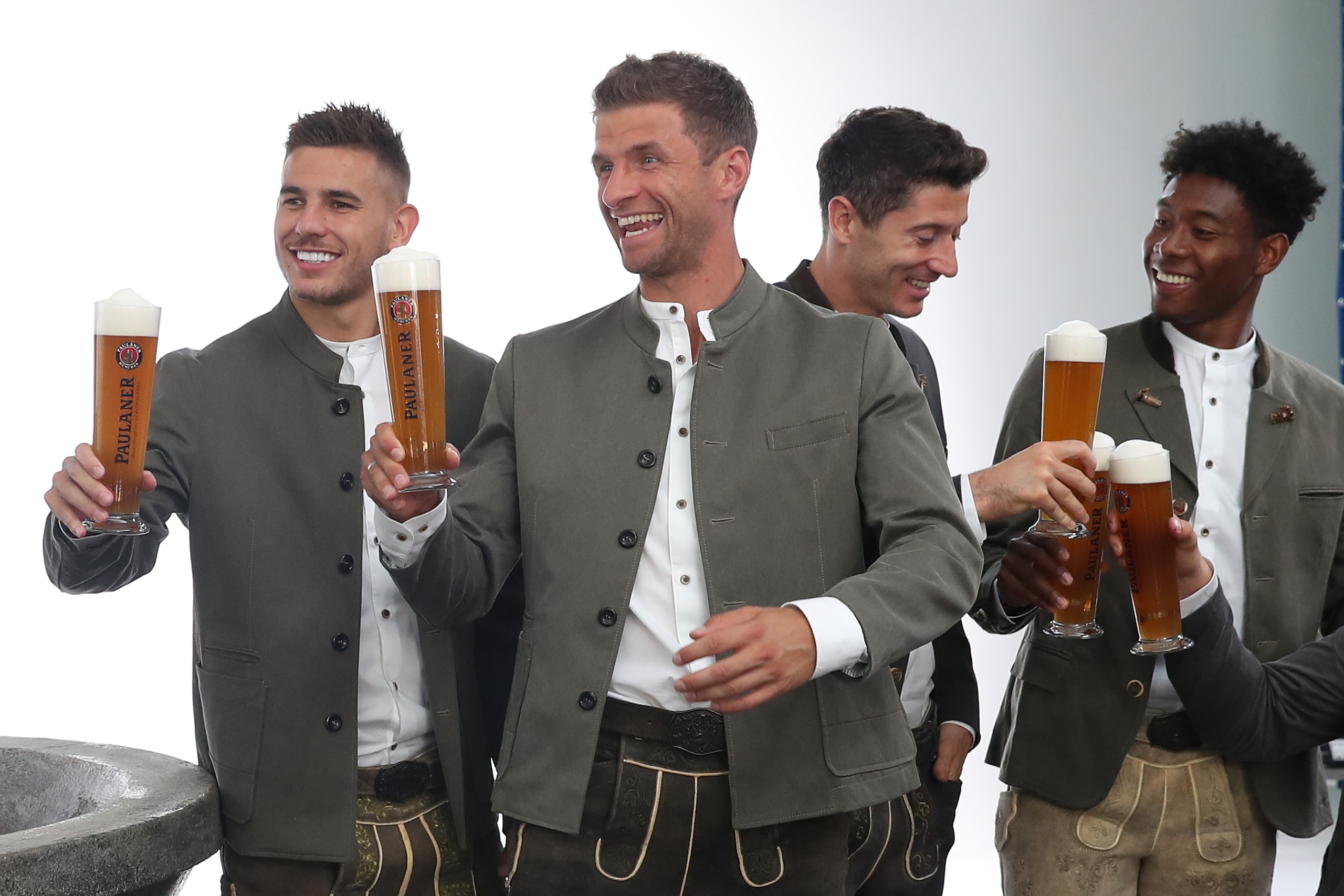 MUNICH, GERMANY - SEPTEMBER 01: (L-R) Lucas Hernandez, Thomas Mueller, Robert Lewandowski and David Alaba of FC Bayern Muenchen during the FC Bayern Muenchen and Paulaner photo session at FGV Schmidtle Studios on September 01, 2019 in Munich, Germany. (Ph