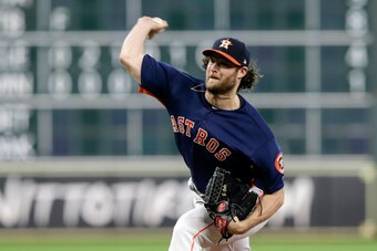 HOUSTON, TX - SEPTEMBER 08:  Gerrit Cole #45 of the Houston Astros pitches in the eighth inning against the Seattle Mariners at Minute Maid Park on September 8, 2019 in Houston, Texas.  (Photo by Tim Warner/Getty Images)