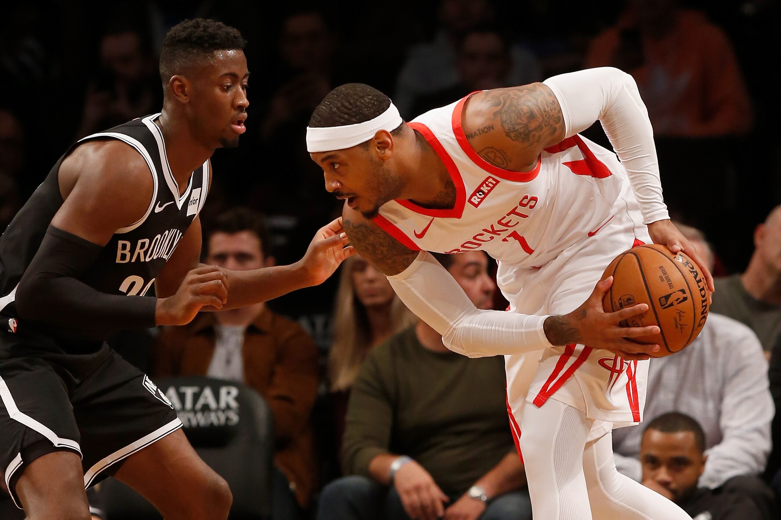 BROOKLYN, NY - NOVEMBER 02: (NEW YORK DAILIES OUT) Carmelo Anthony #7 of the Houston Rockets in action against Caris LeVert #22 of the Brooklyn Nets at Barclays Center on November 2, 2018 in the Brooklyn borough of New York City. The Rockets defeated BROOKLYN, NY - NOVEMBER 02: (NEW YORK DAILIES OUT) Carmelo Anthony #7 of the Houston Rockets in action against Caris LeVert #22 of the Brooklyn Nets at Barclays Center on November 2, 2018 in the Brooklyn borough of New York City. The Rockets defeated